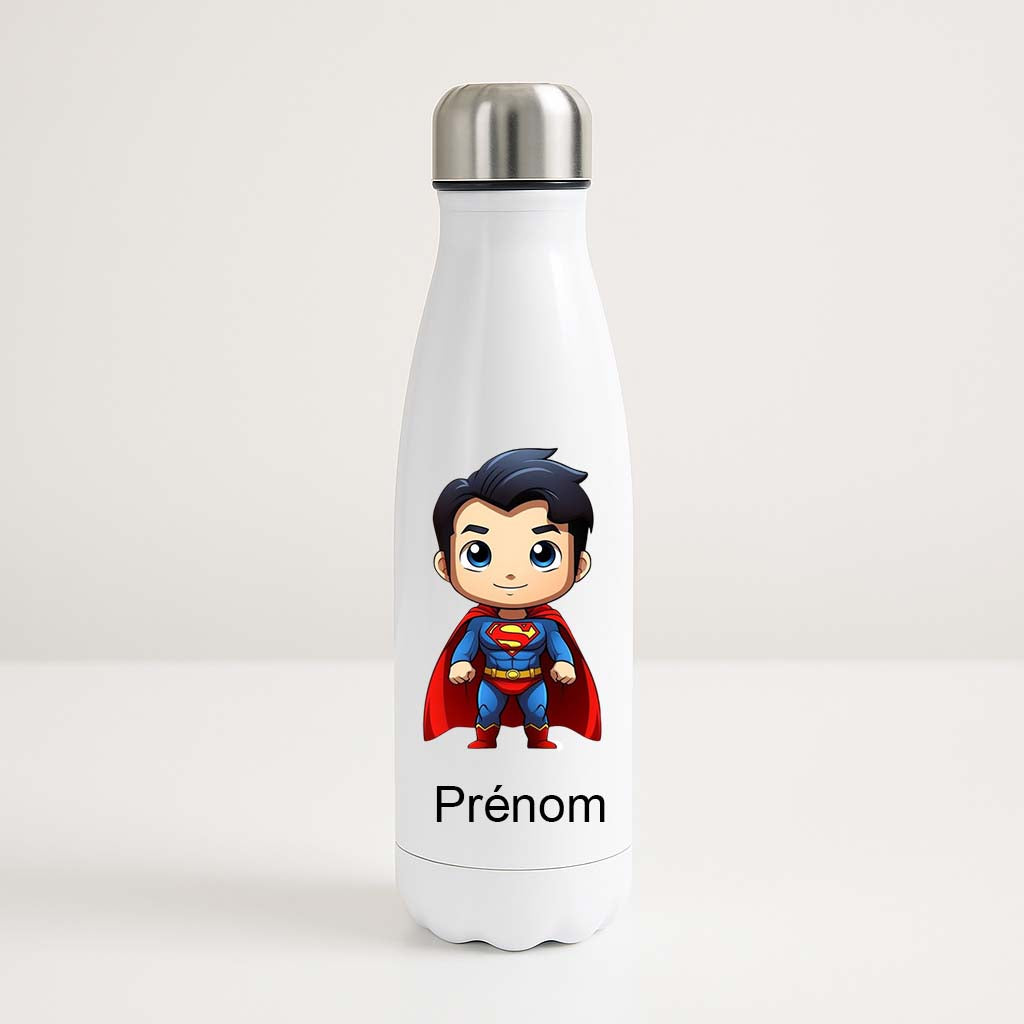 Bouteille isotherme blanche 500ml avec Superman en version chibi, espace prénom personnalisable.