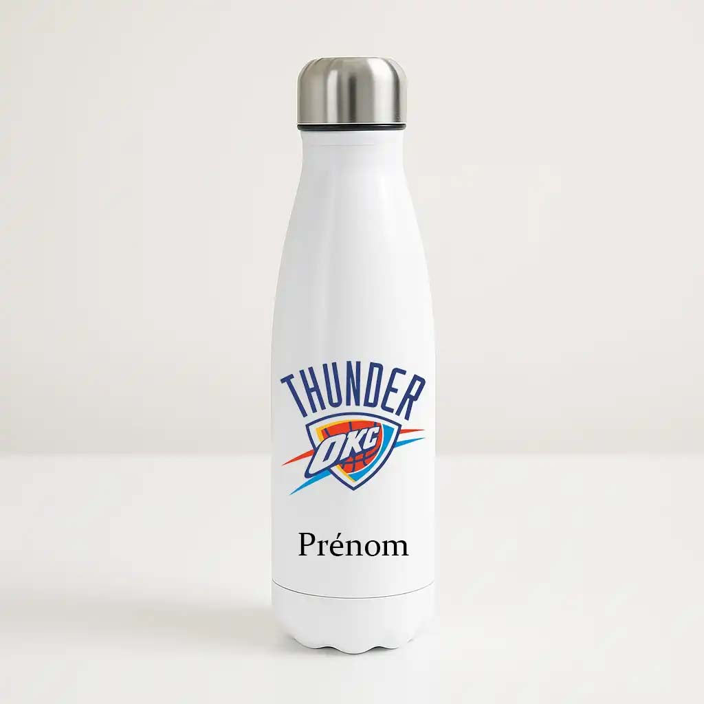 Bouteille isotherme blanche personnalisable avec logo bleu, orange et rouge du Oklahoma City Thunder et prénom, pour fan de NBA.