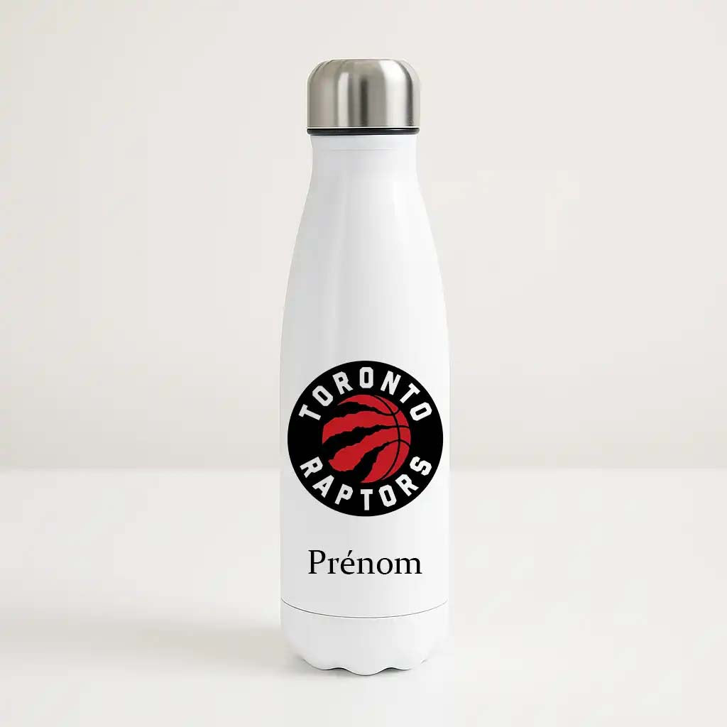Bouteille isotherme blanche personnalisable avec logo rouge et noir des Toronto Raptors et prénom, pour fan de NBA.