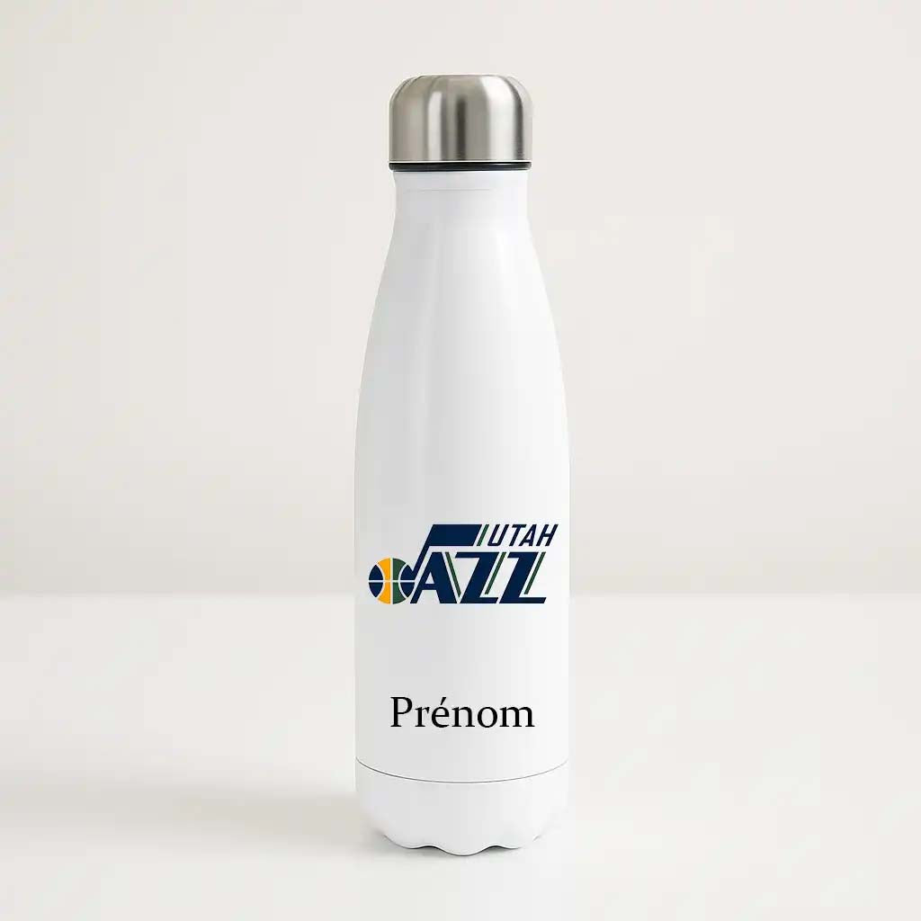 Bouteille isotherme blanche personnalisable avec logo bleu et jaune de l’équipe Utah Jazz et prénom, pour fan de NBA.