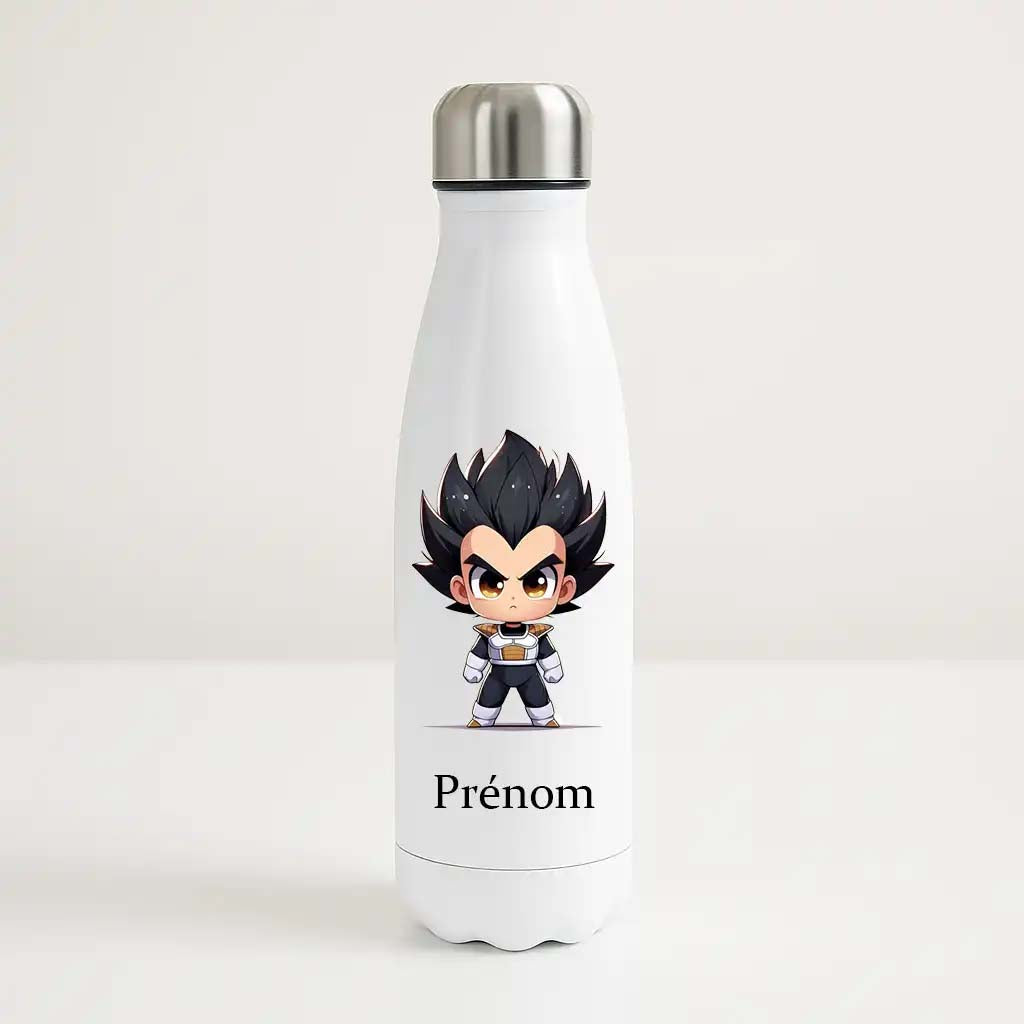 Bouteille isotherme blanche 500ml avec Vegeta en version chibi, espace prénom personnalisable.
