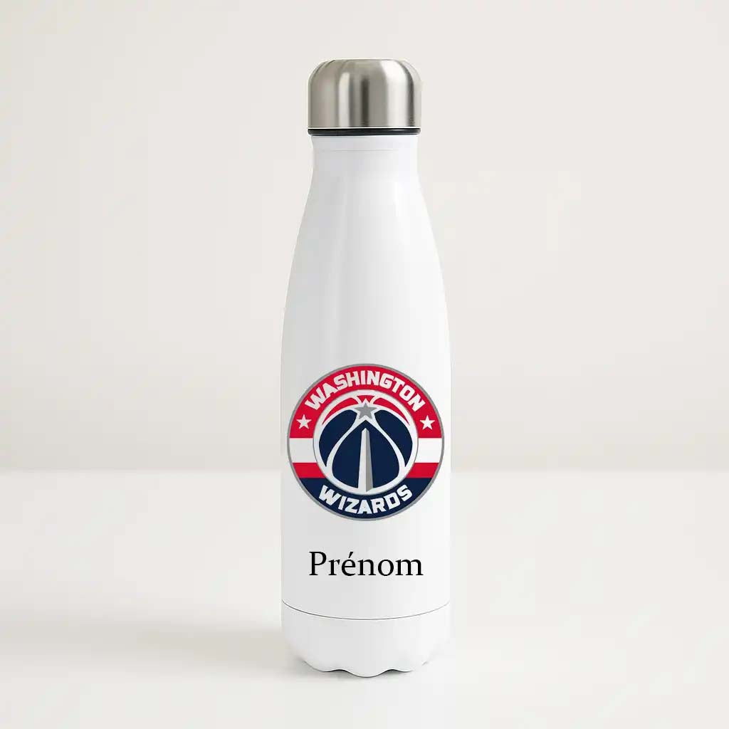 Bouteille isotherme blanche personnalisable avec logo rouge, bleu et blanc des Washington Wizards et prénom, pour fan de NBA.