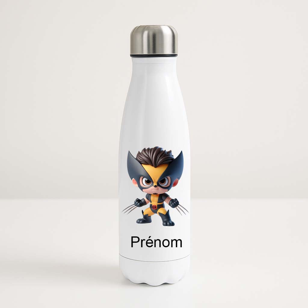 Bouteille isotherme blanche 500ml avec Wolverine en version chibi, espace prénom personnalisable.