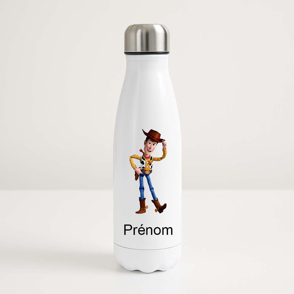 Bouteille isotherme blanche avec illustration de Woody (Toy Story), personnalisée avec le prénom de l’enfant