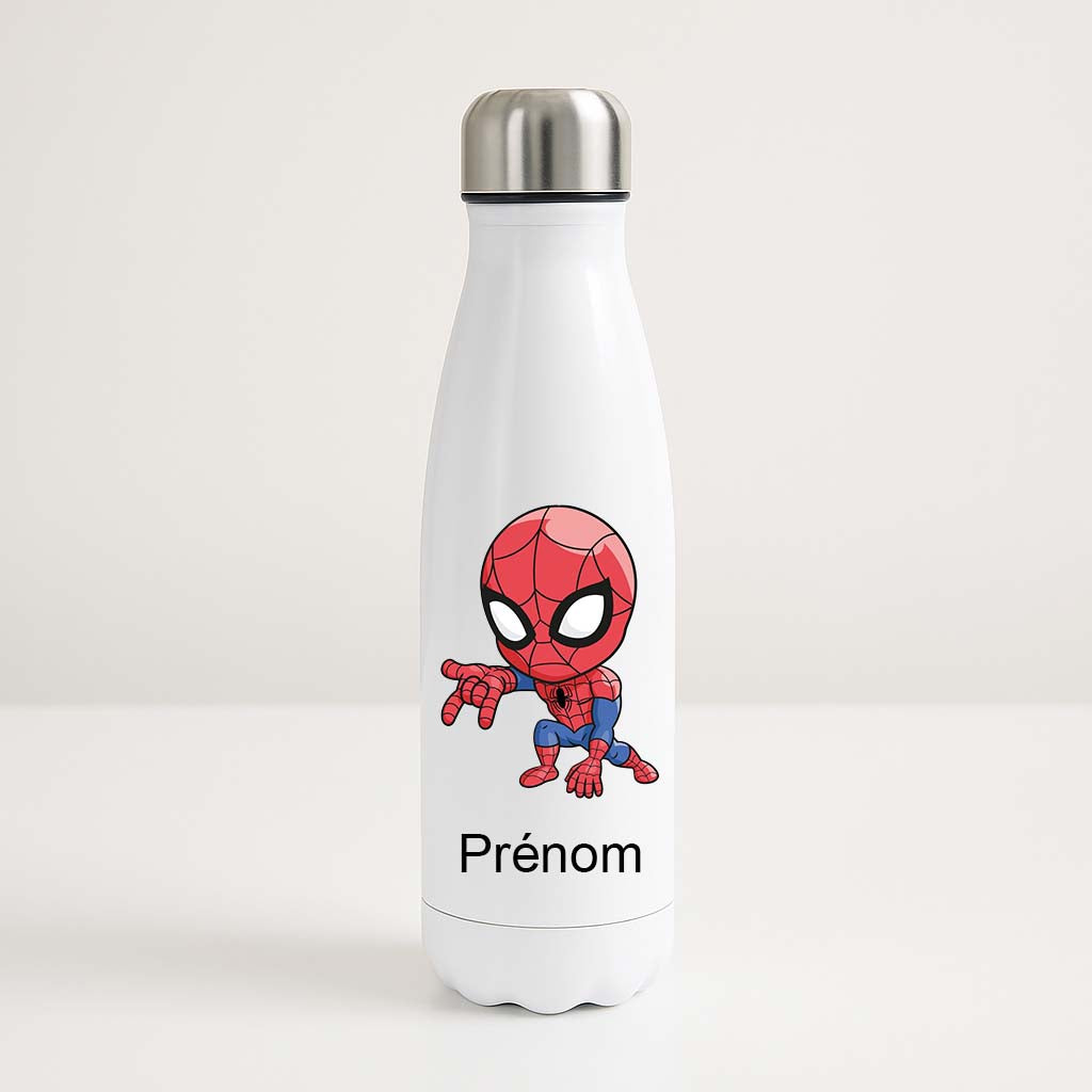 Bouteille isotherme blanche personnalisée avec prénom et dessin cartoon de Spiderman en pleine action