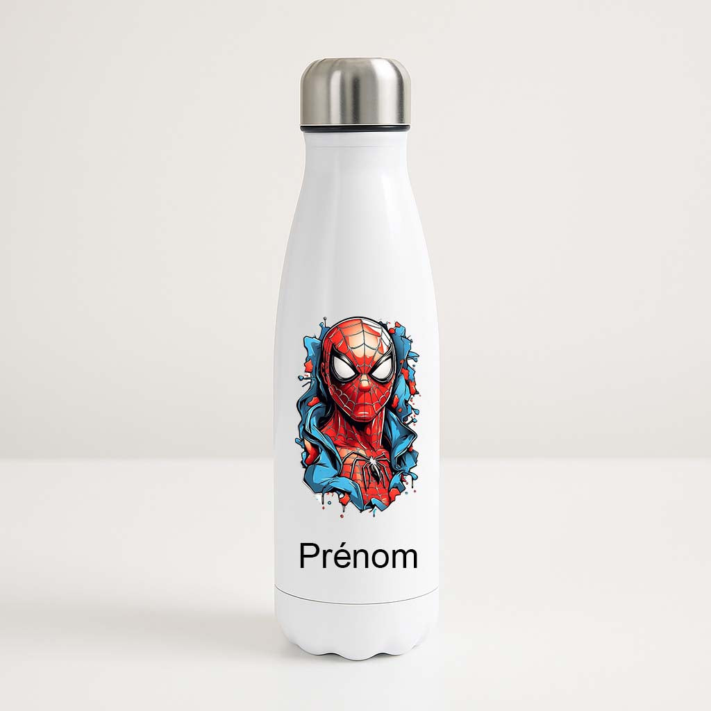 Bouteille isotherme blanche personnalisée avec prénom et visuel urbain de Spiderman façon graffiti