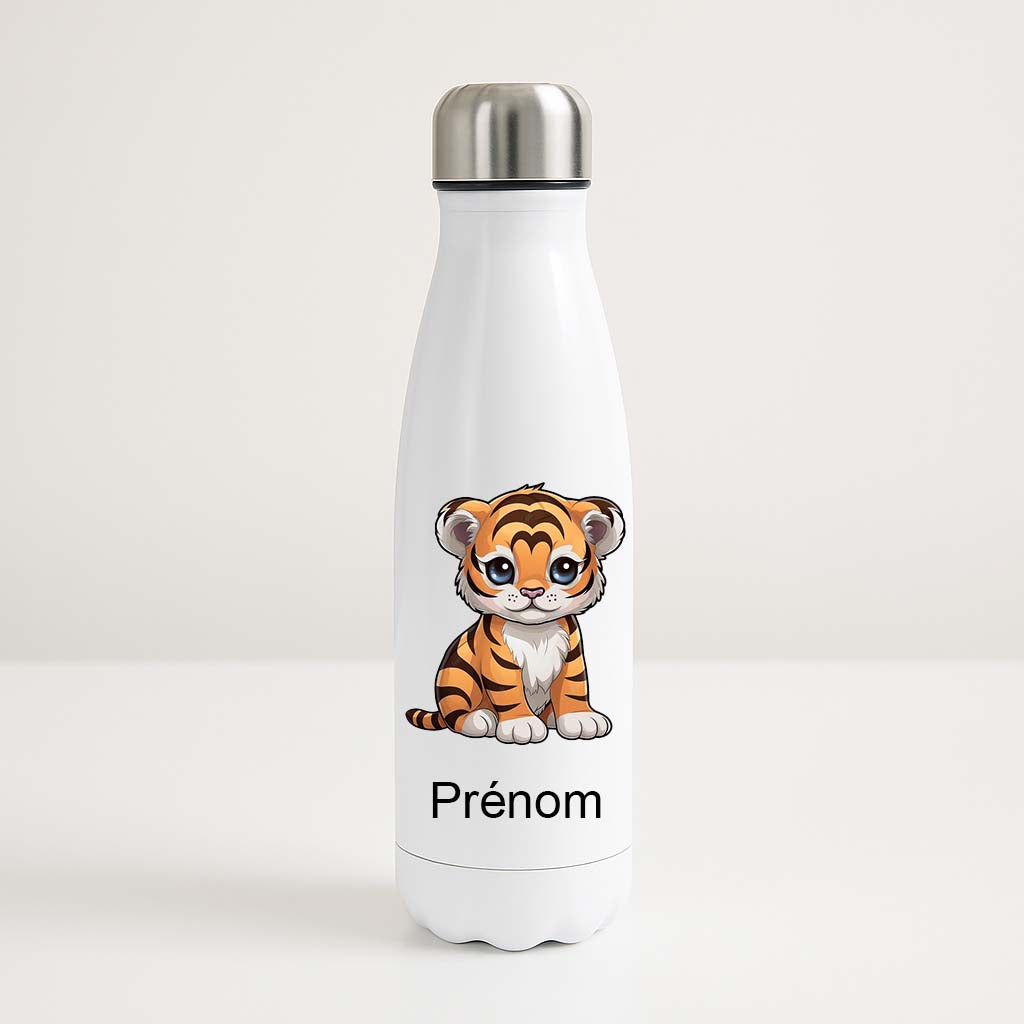 Bouteille isotherme blanche avec prénom personnalisé et illustration d’un petit tigre mignon