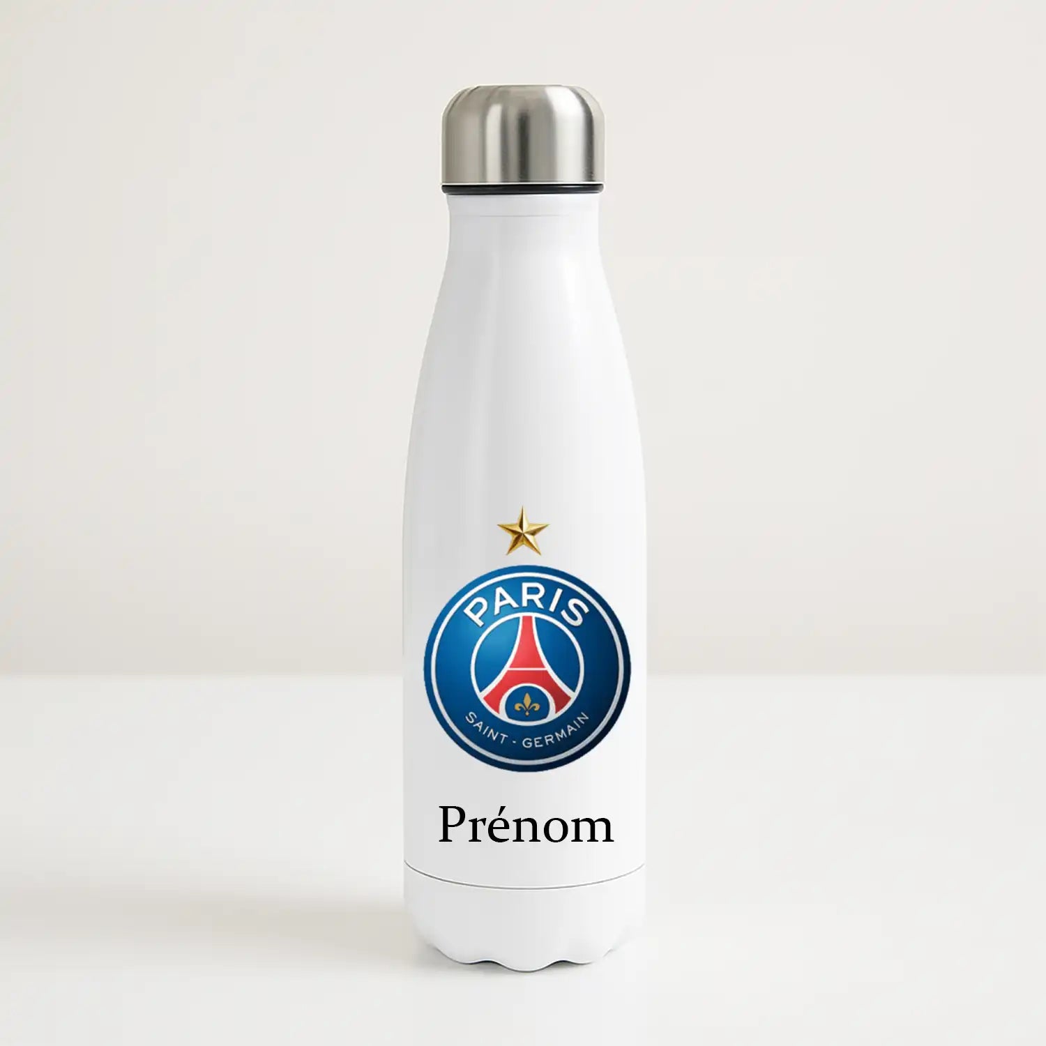 Bouteille isotherme PSG personnalisée avec étoile dorée – gourde inox bleue avec prénom gravé pour supporter du Paris Saint-Germain