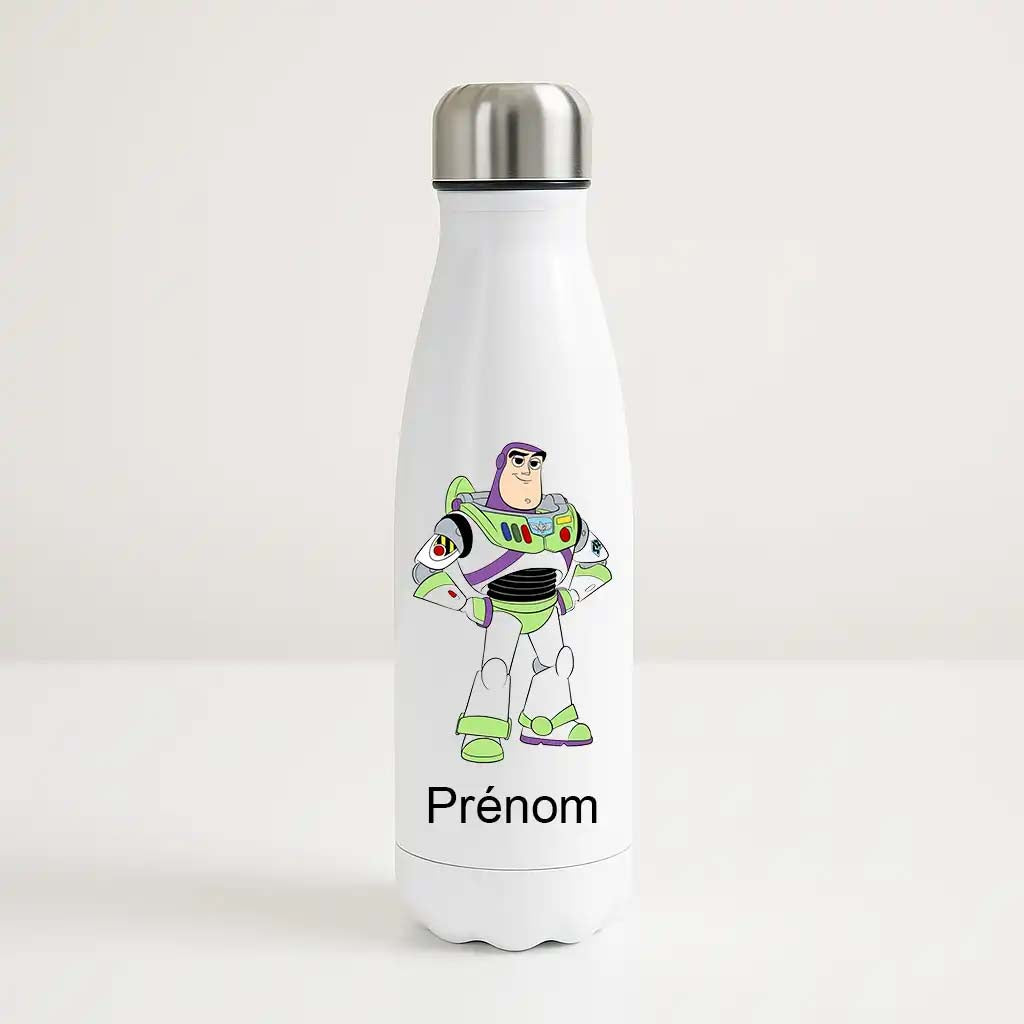 Bouteille isotherme personnalisée avec prénom et illustration Buzz l'Éclair pour enfant