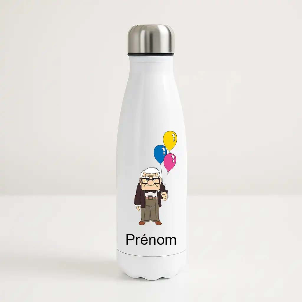 Bouteille isotherme personnalisée avec prénom et personnage du film Là-Haut, Carl avec ballons
