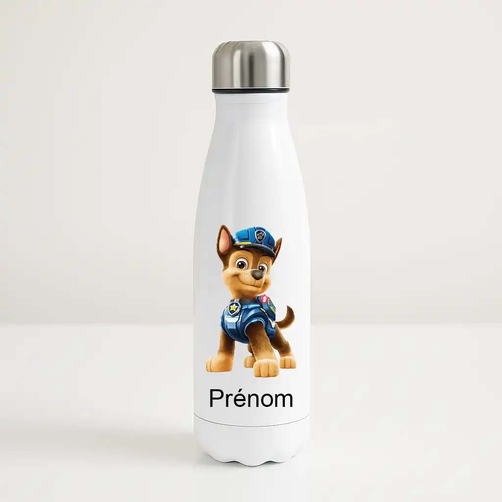 Bouteille isotherme personnalisée avec personnage Chase de Pat' Patrouille et prénom enfant