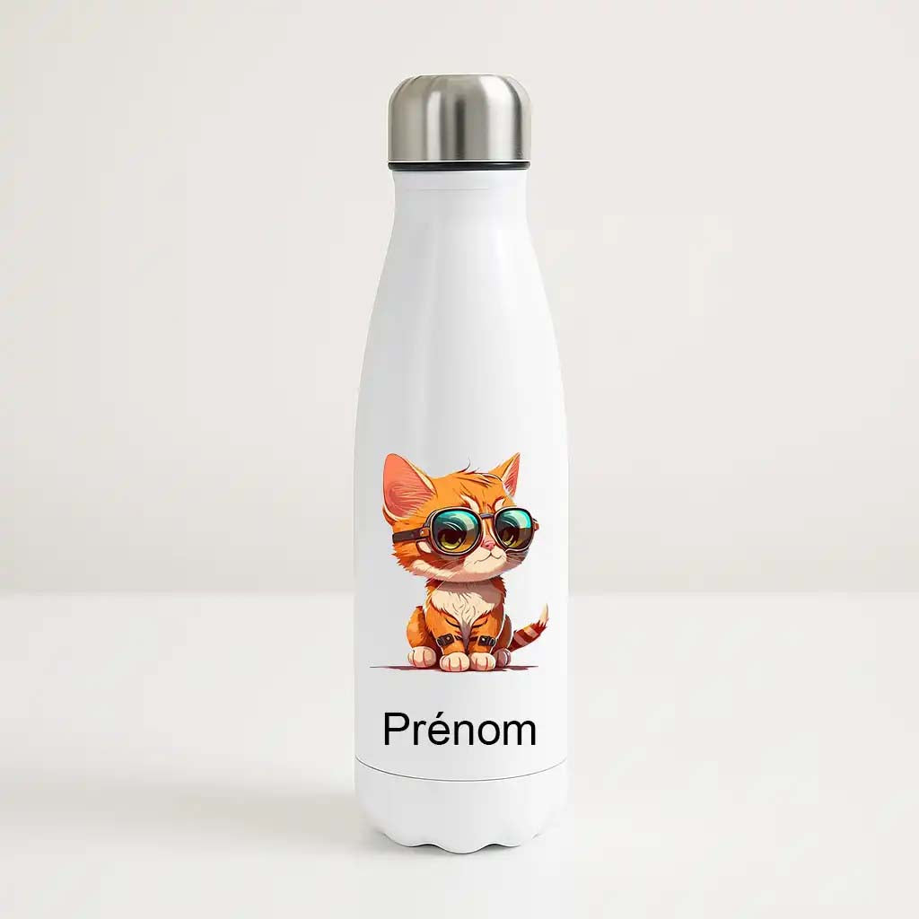 Bouteille isotherme personnalisée avec prénom et illustration de petit chat orange avec lunettes