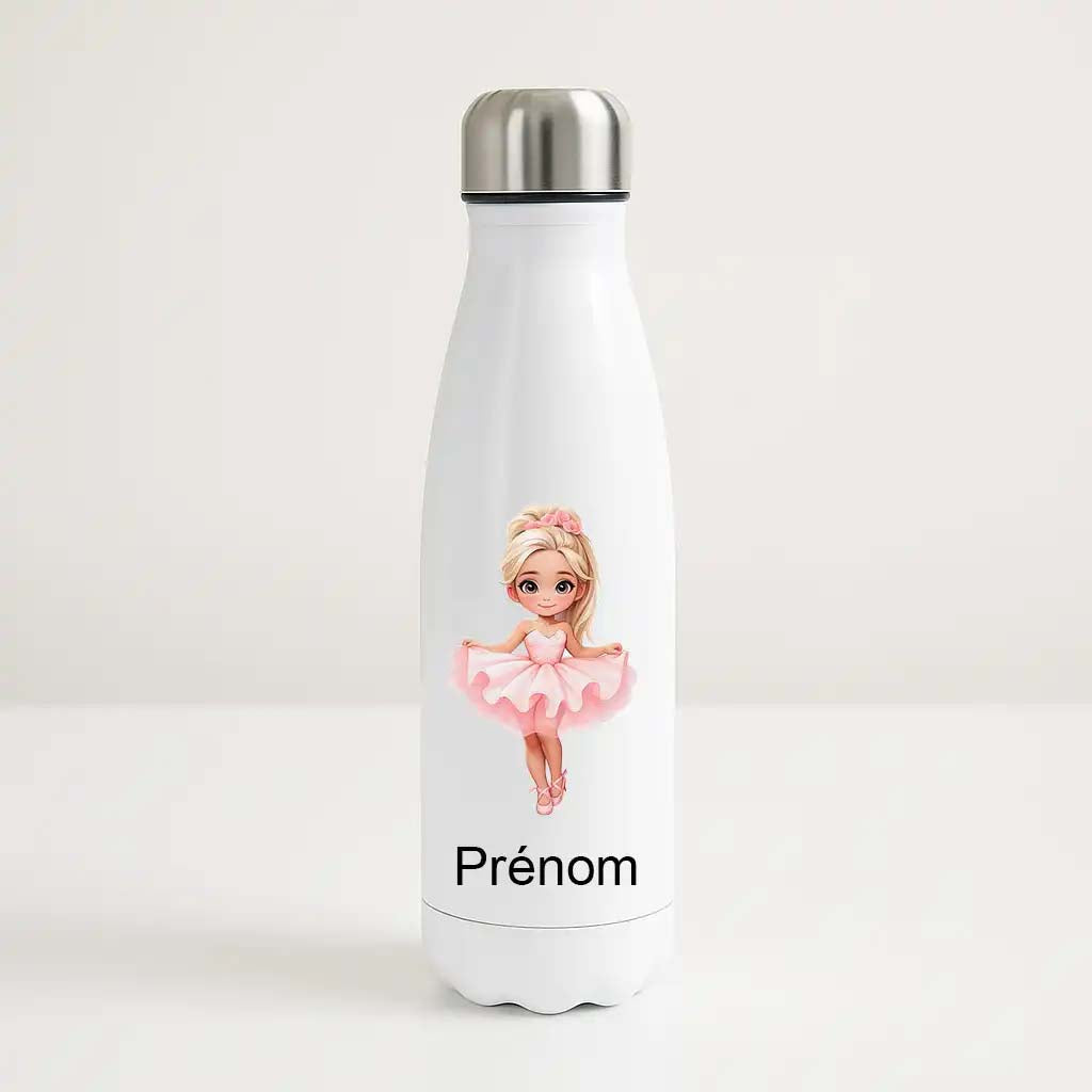 Bouteille isotherme personnalisée avec prénom et illustration petite princesse en tutu rose