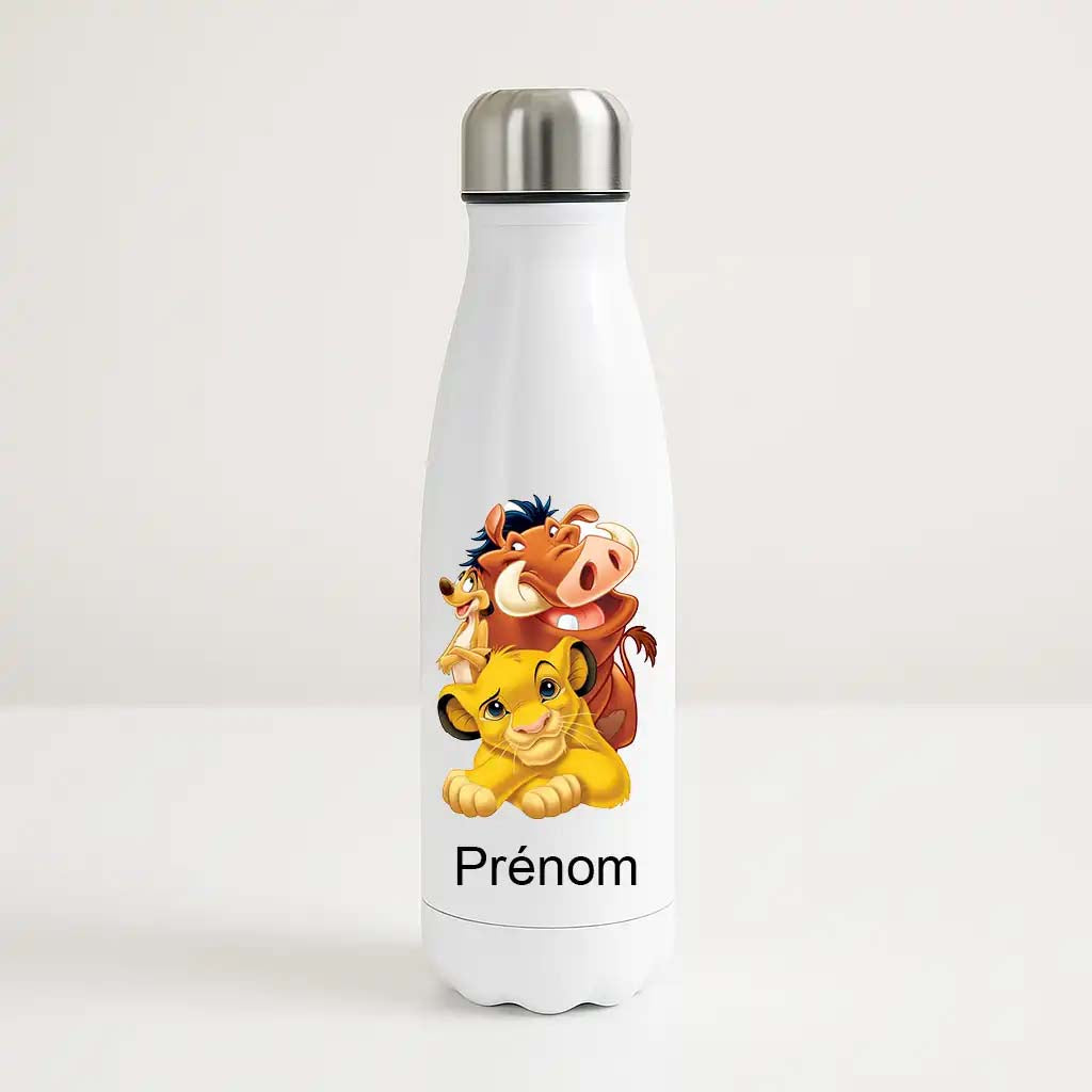 Bouteille isotherme personnalisée enfant Le Roi Lion avec Simba, Timon, Pumbaa et prénom