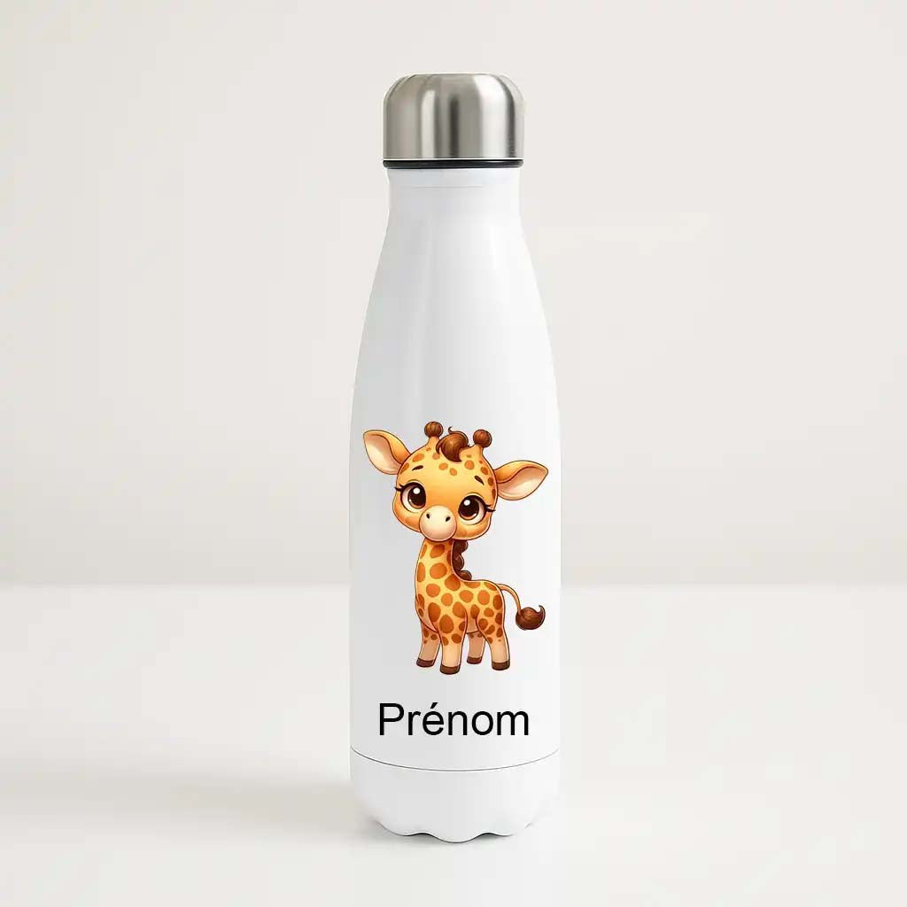 Bouteille isotherme personnalisée avec prénom et illustration girafe mignonne pour enfant