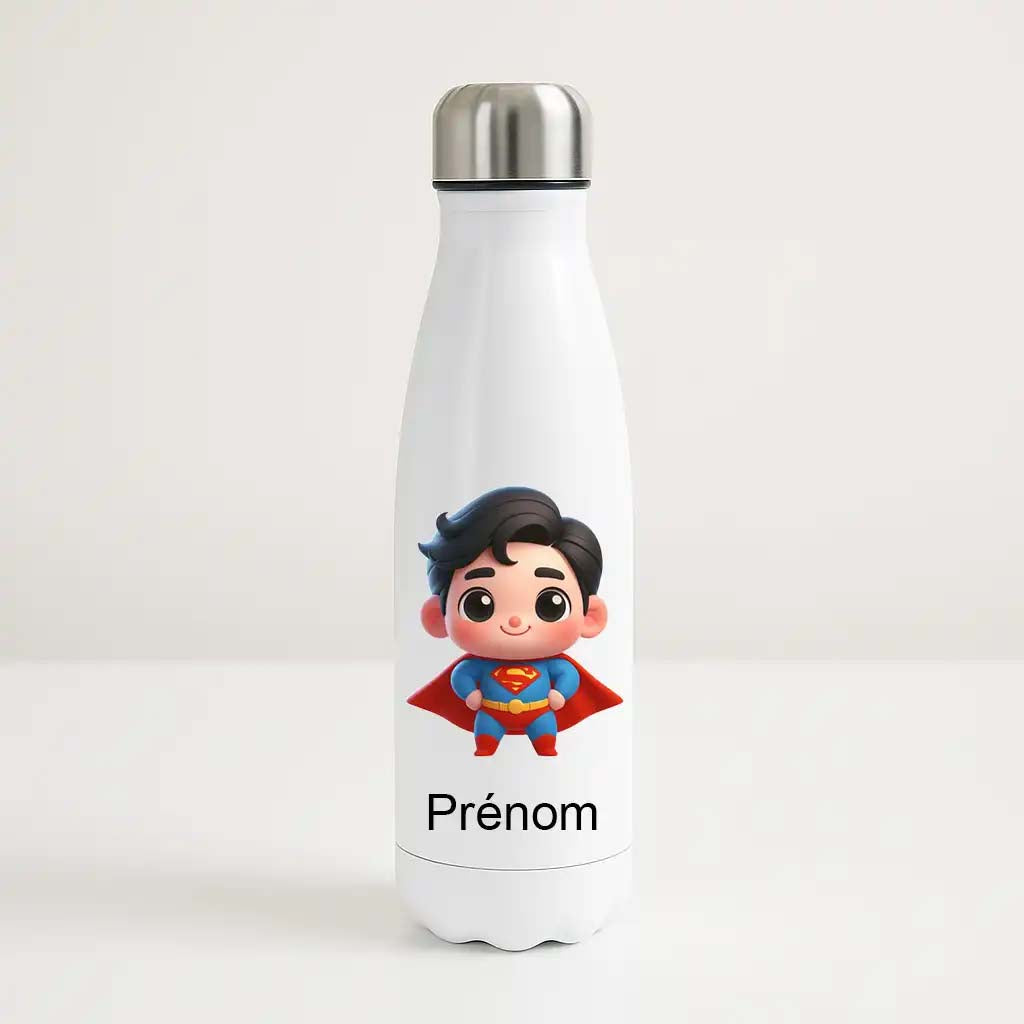 Bouteille isotherme personnalisée avec prénom et illustration super-héros cartoon pour enfant