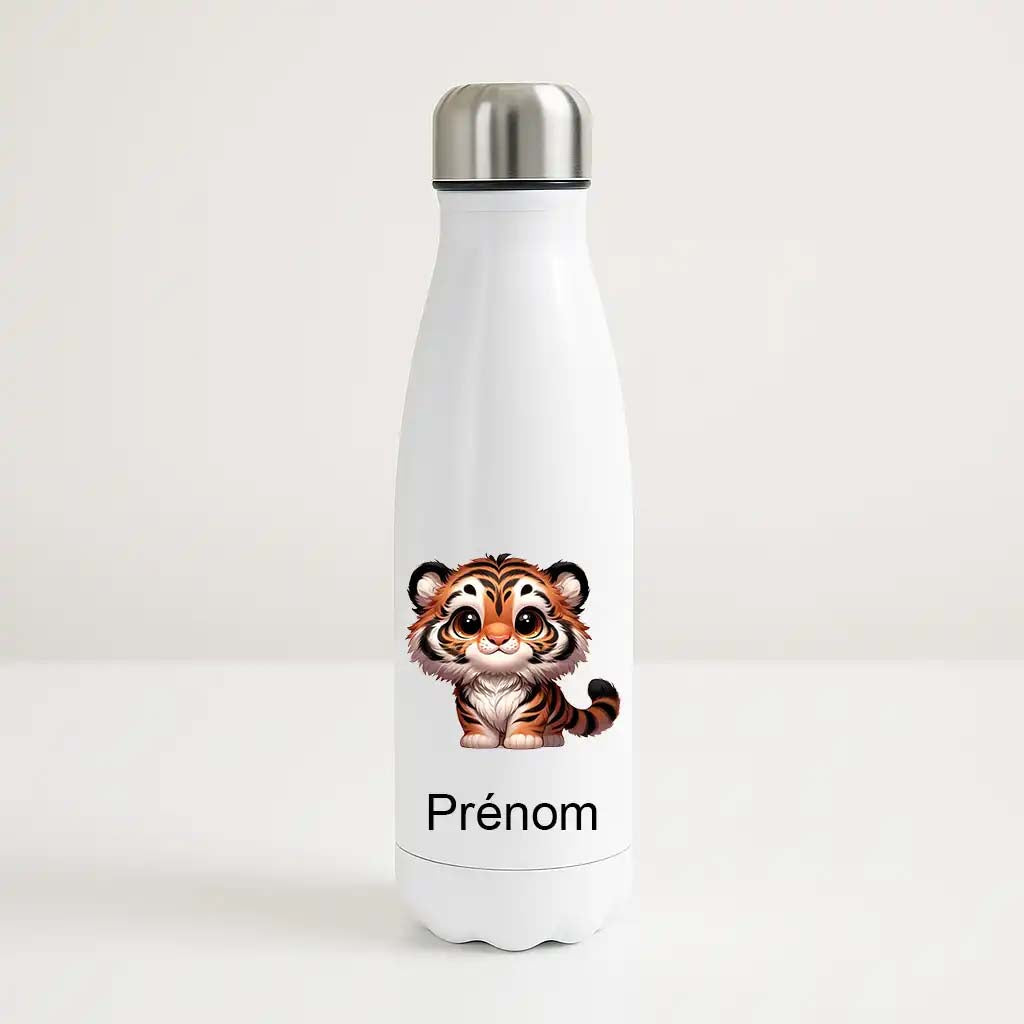 Bouteille isotherme personnalisée avec prénom et illustration mignonne de petit tigre cartoon