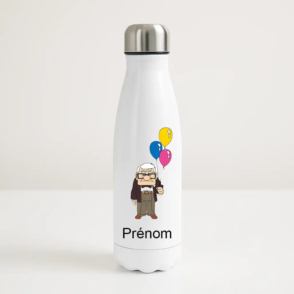 Bouteille isotherme personnalisée avec prénom et personnage du film Là-Haut, Carl avec ballons