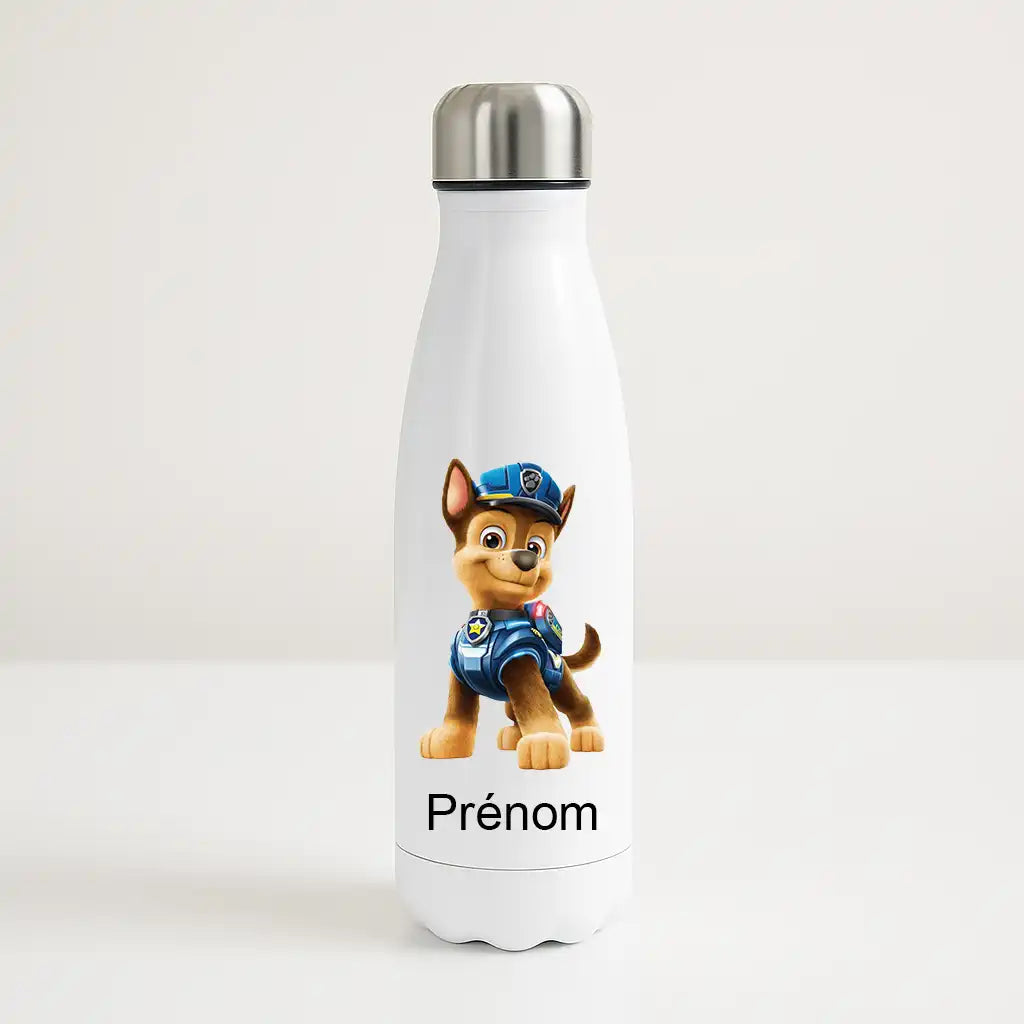 Bouteille isotherme personnalisée avec personnage Chase de Pat' Patrouille et prénom enfant