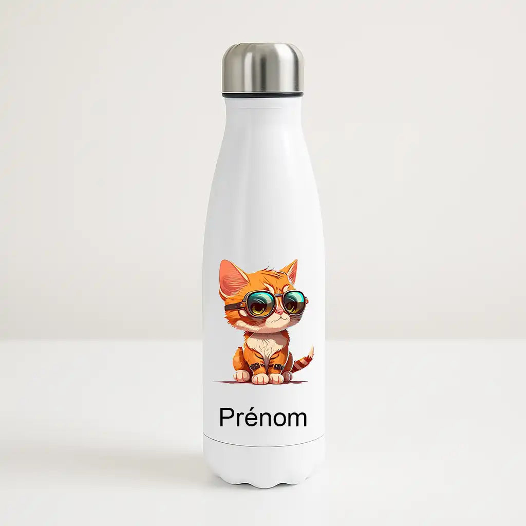 Bouteille isotherme personnalisée avec prénom et illustration de petit chat orange avec lunettes