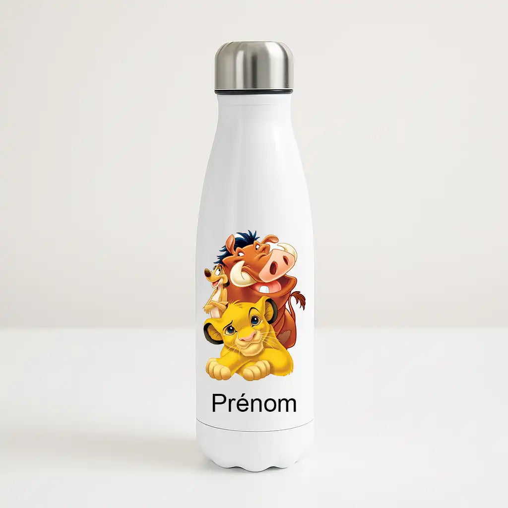 Bouteille isotherme personnalisée enfant Le Roi Lion avec Simba, Timon, Pumbaa et prénom