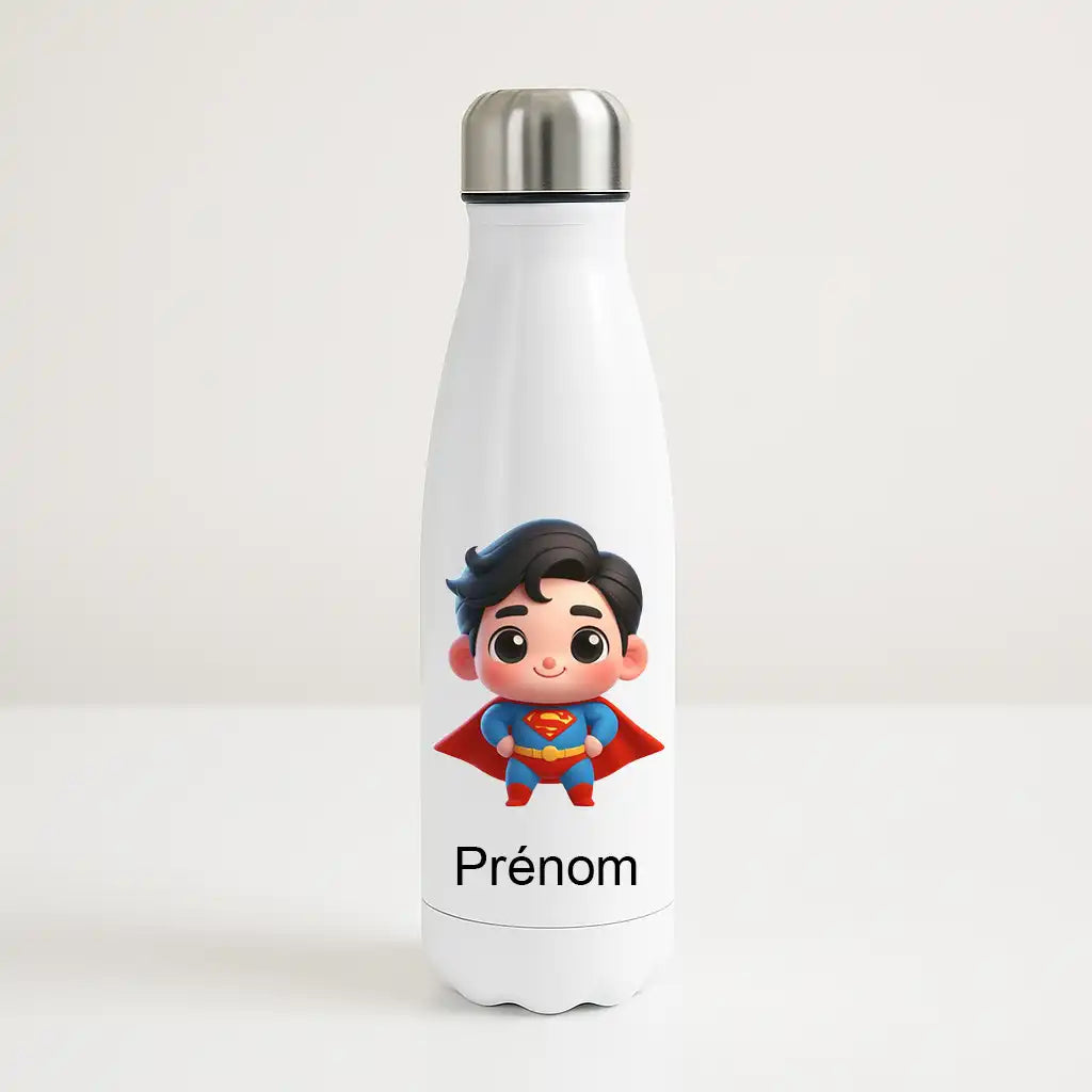 Bouteille isotherme personnalisée avec prénom et illustration super-héros cartoon pour enfant