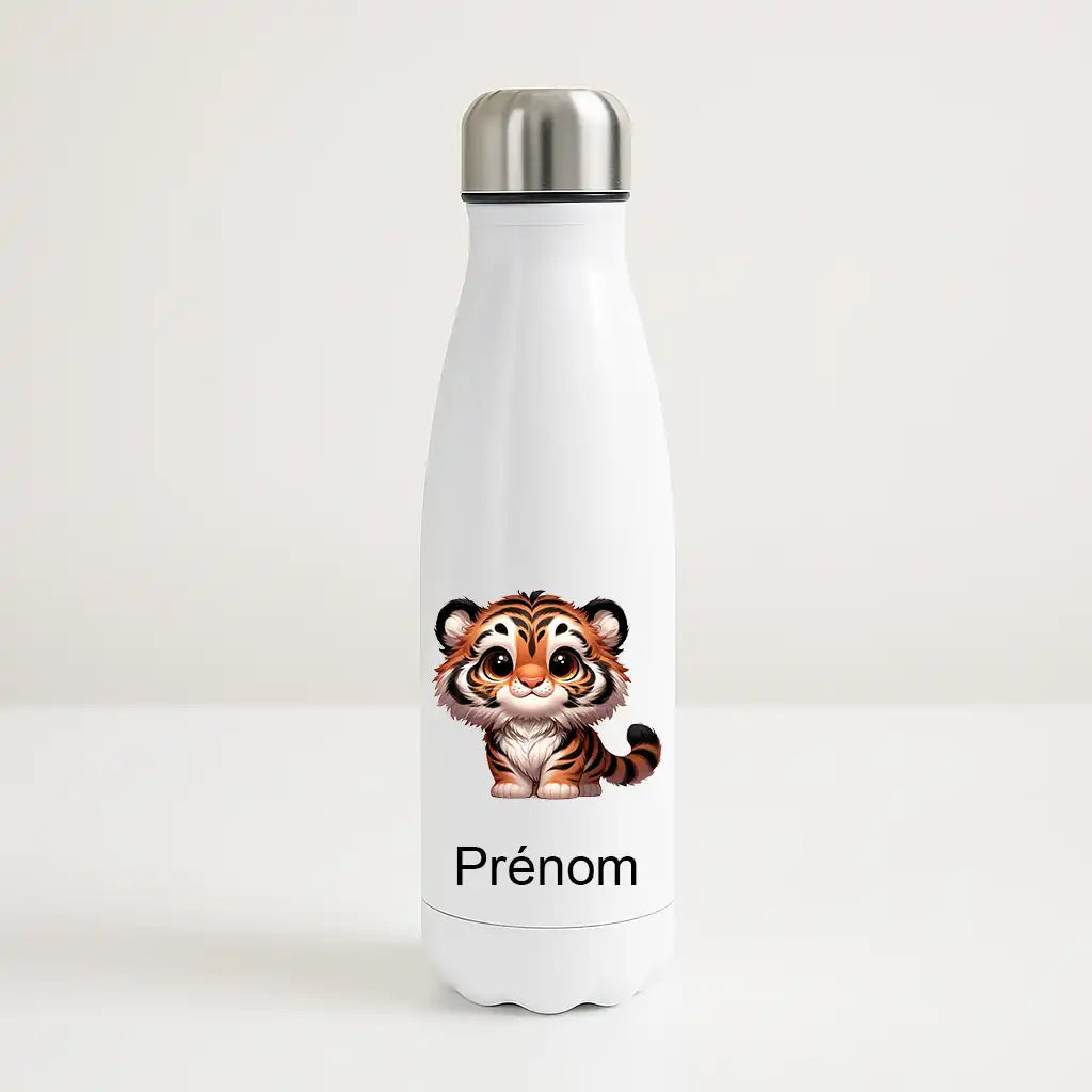 Bouteille isotherme personnalisée avec prénom et illustration mignonne de petit tigre cartoon