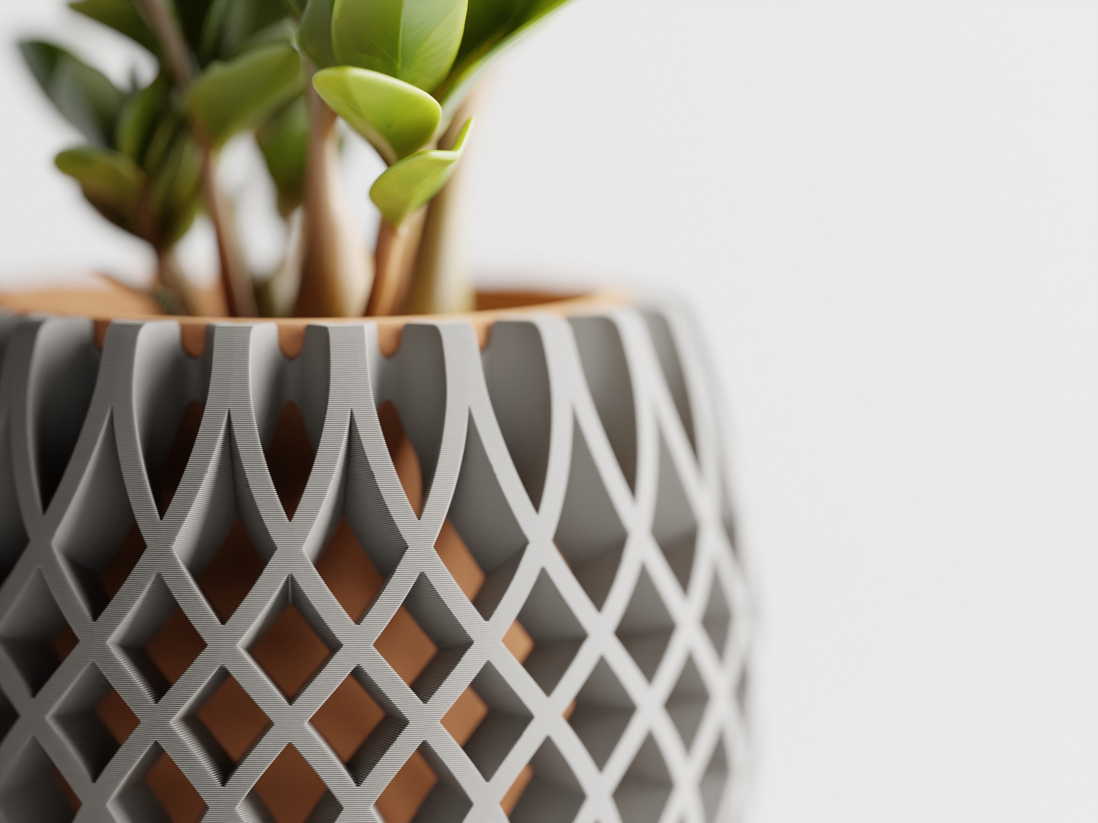 Pot décoratif Interweave – design architectural entrelacé avec plante verte.