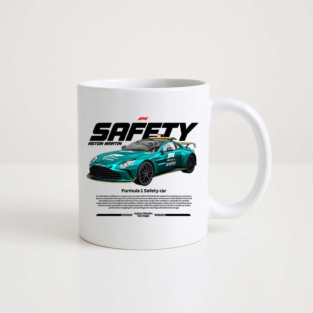 Mug en céramique blanche 330ml avec illustration de la Safety Car de Formule 1, design racing.