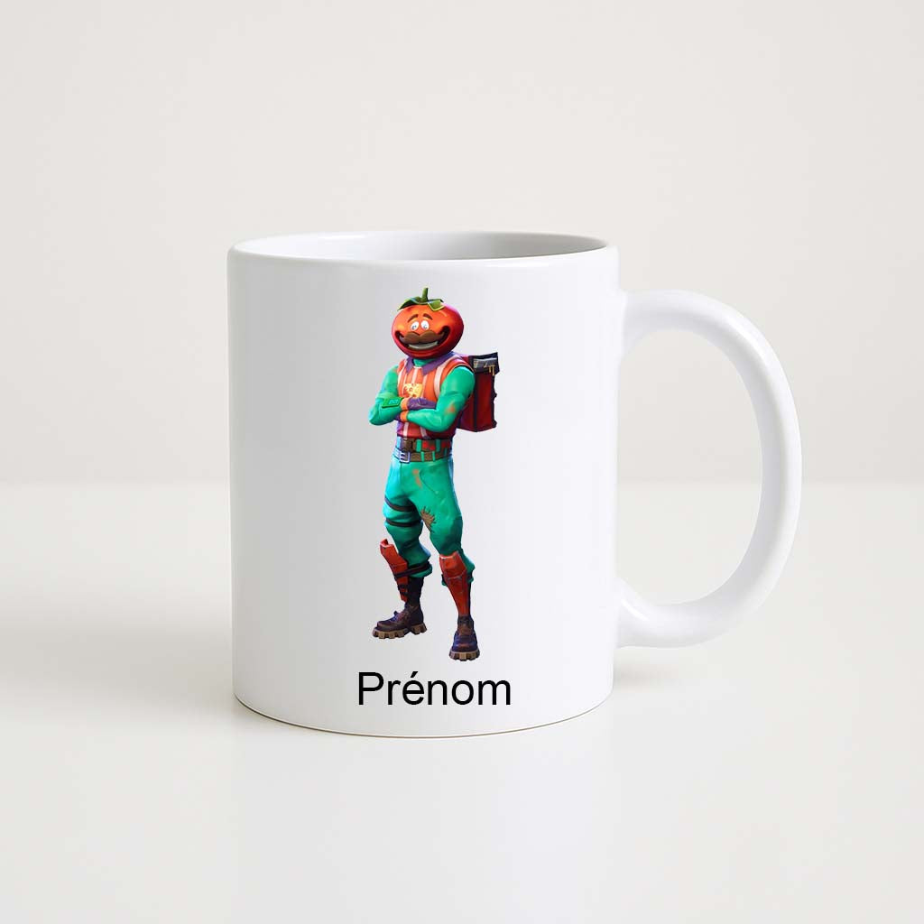 Mug blanc 330 ml Fortnite avec skin Tomatohead et espace prénom personnalisable.