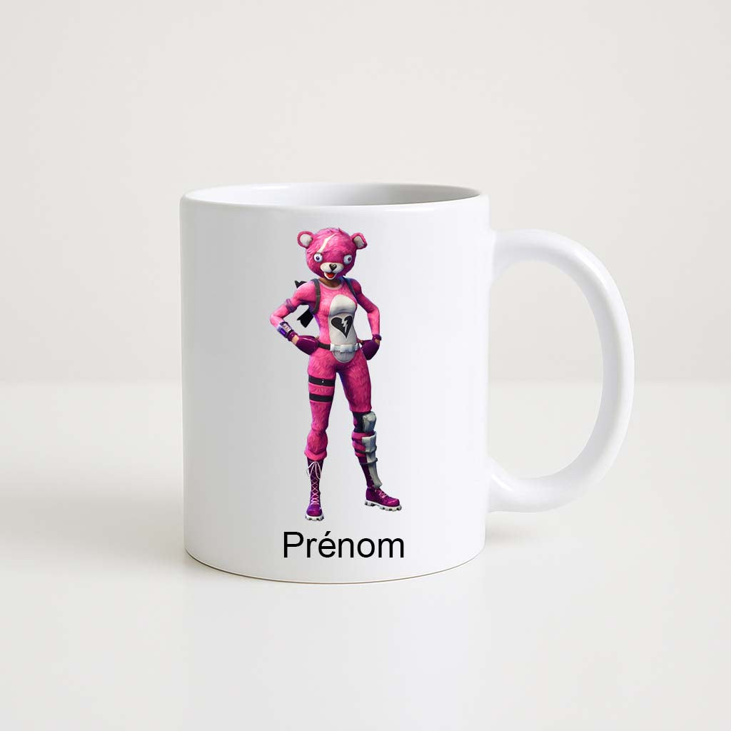 Mug blanc 330 ml Fortnite avec skin Cuddle Team Leader rose et espace prénom personnalisable.