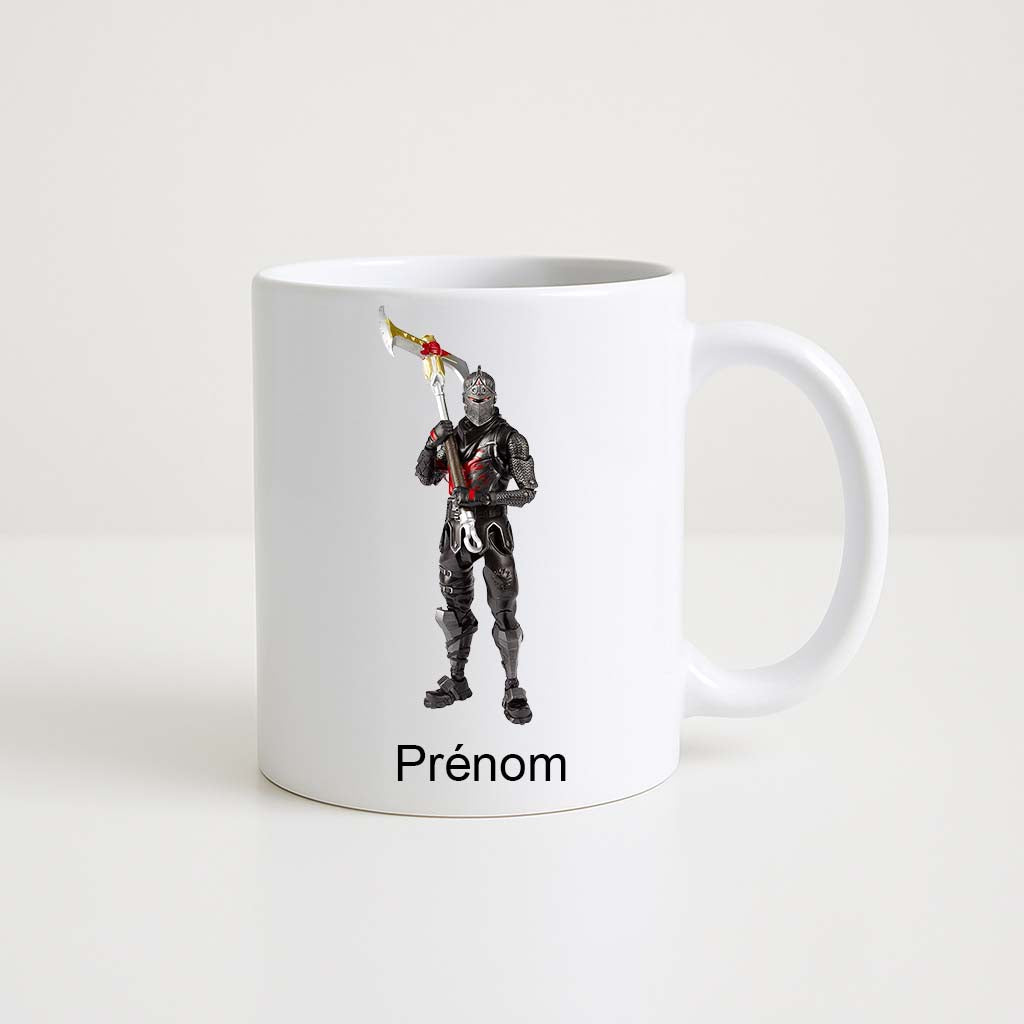 Mug blanc 330 ml Fortnite avec skin Black Knight et espace prénom personnalisable.