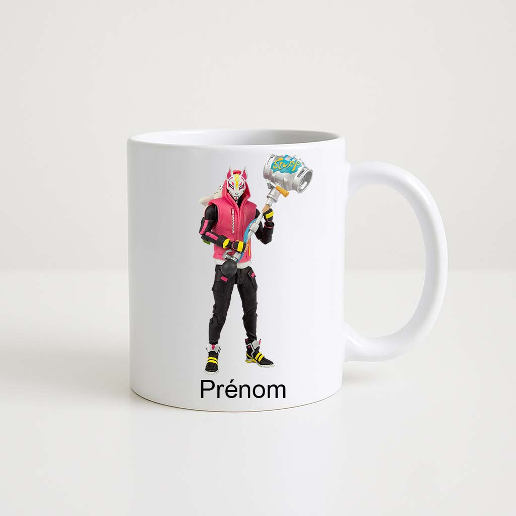 Mug blanc 330 ml Fortnite avec skin Drift et espace prénom personnalisable.