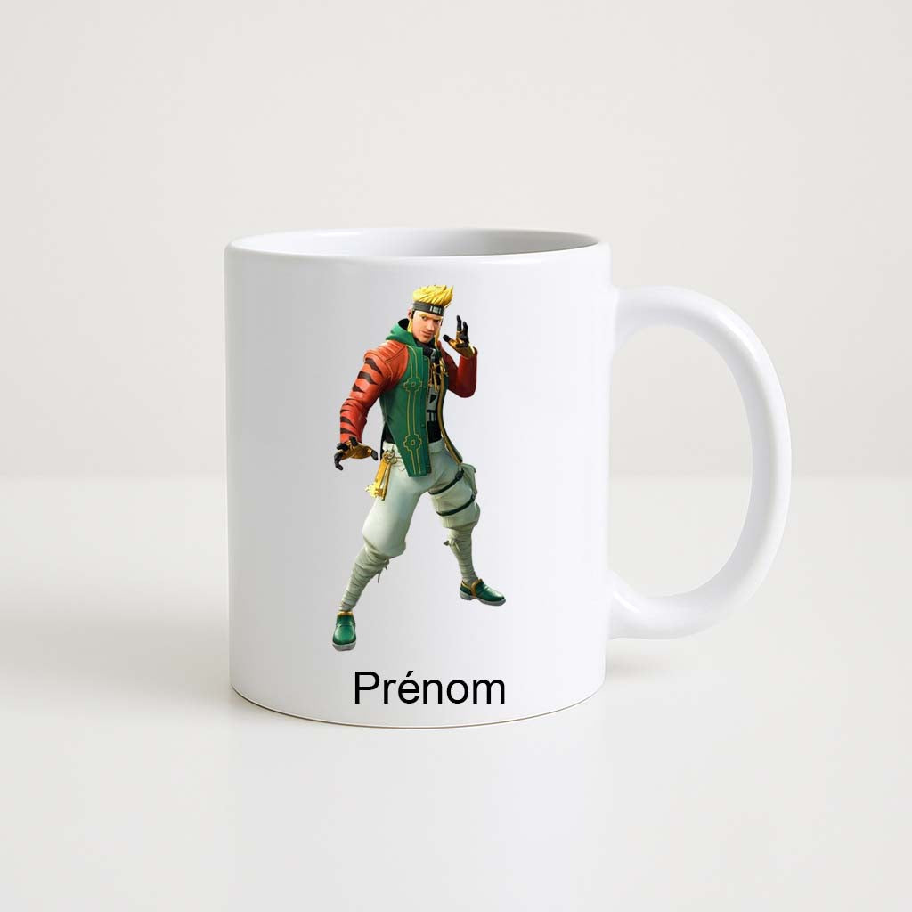 Mug blanc 330 ml Fortnite avec skin Jonesy Festif et espace prénom personnalisable.