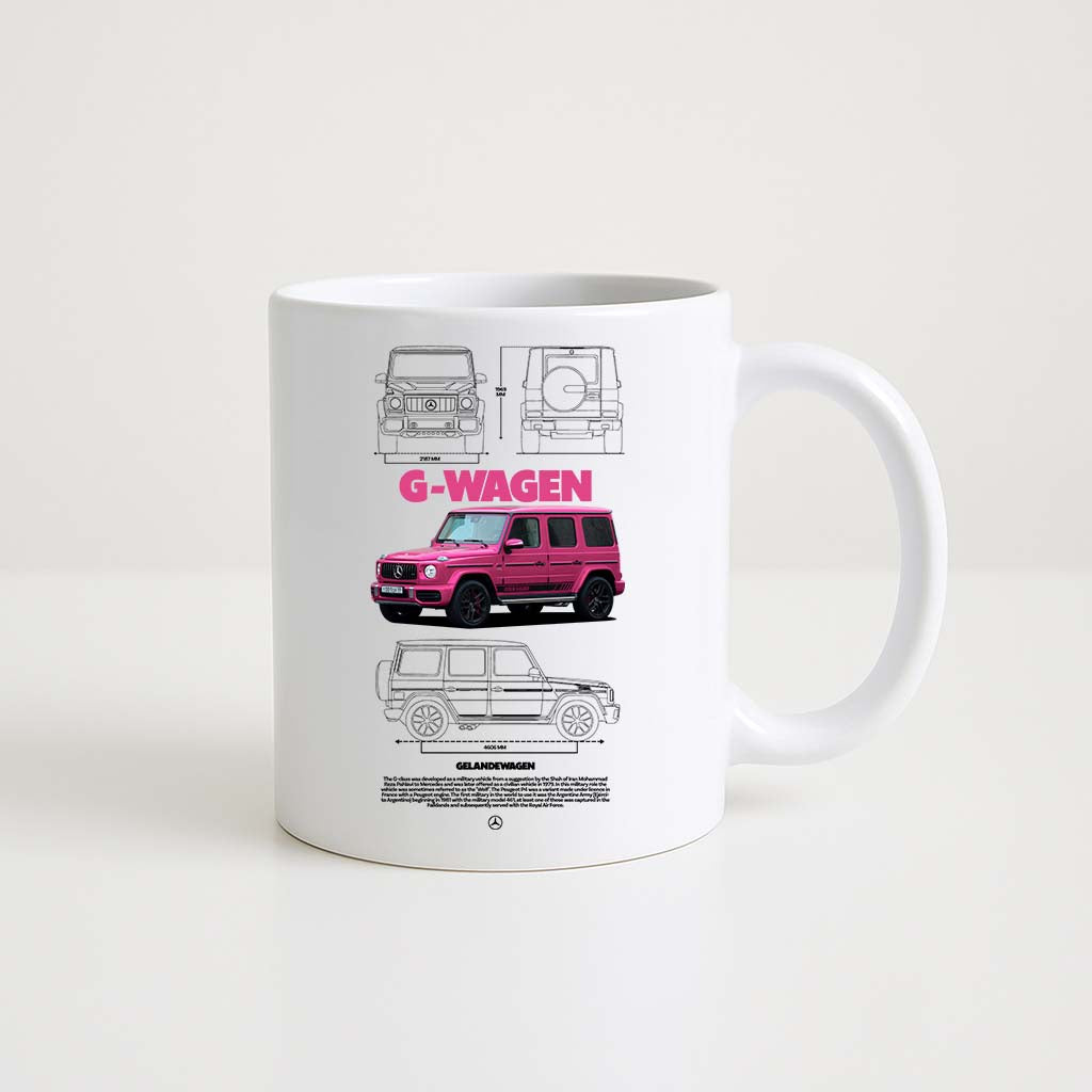 Mug en céramique blanche 330ml avec illustration du Mercedes G-Wagen Rose, design élégant et audacieux.