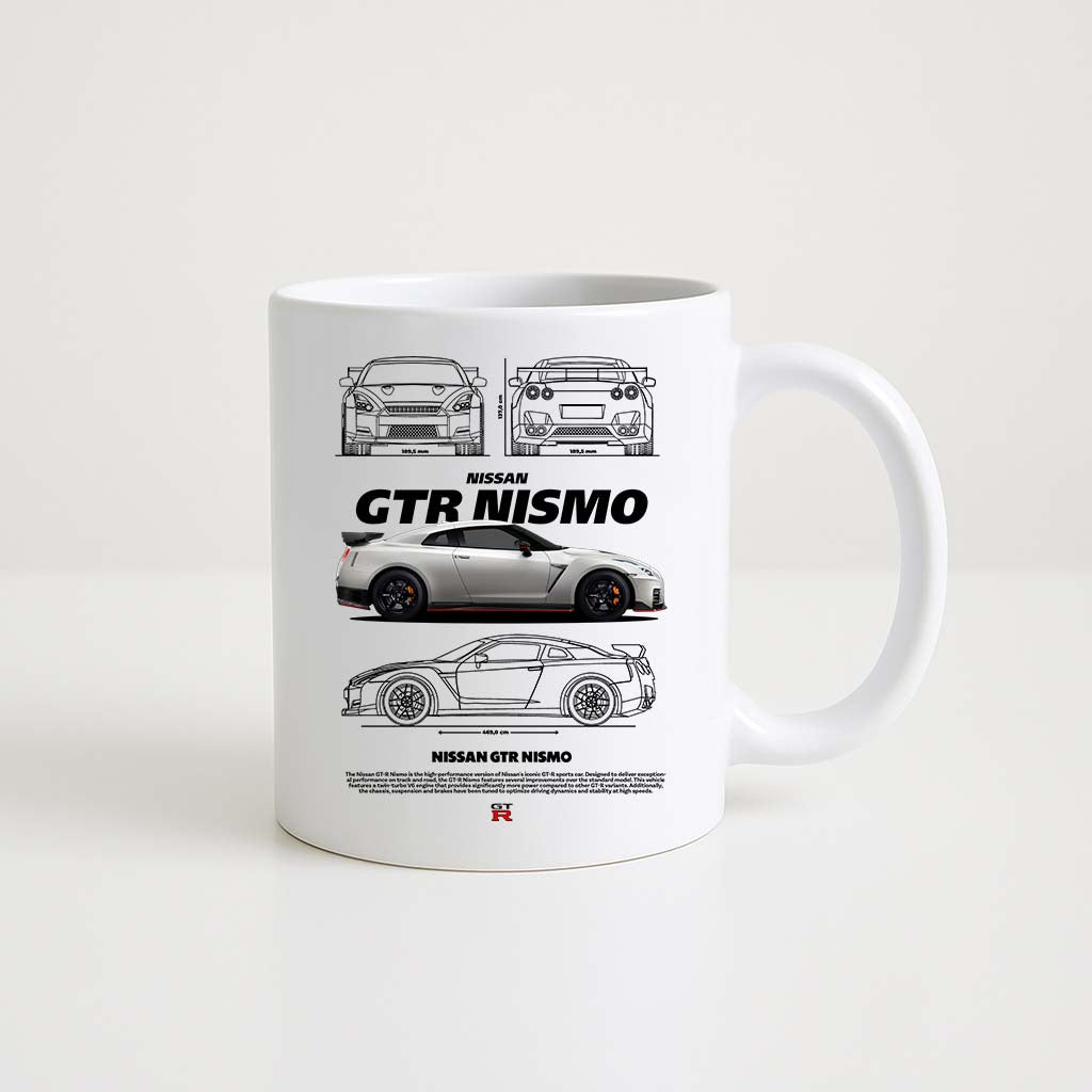 Mug en céramique blanche 330ml avec illustration Nissan GT-R Nismo, design sportif et détaillé.