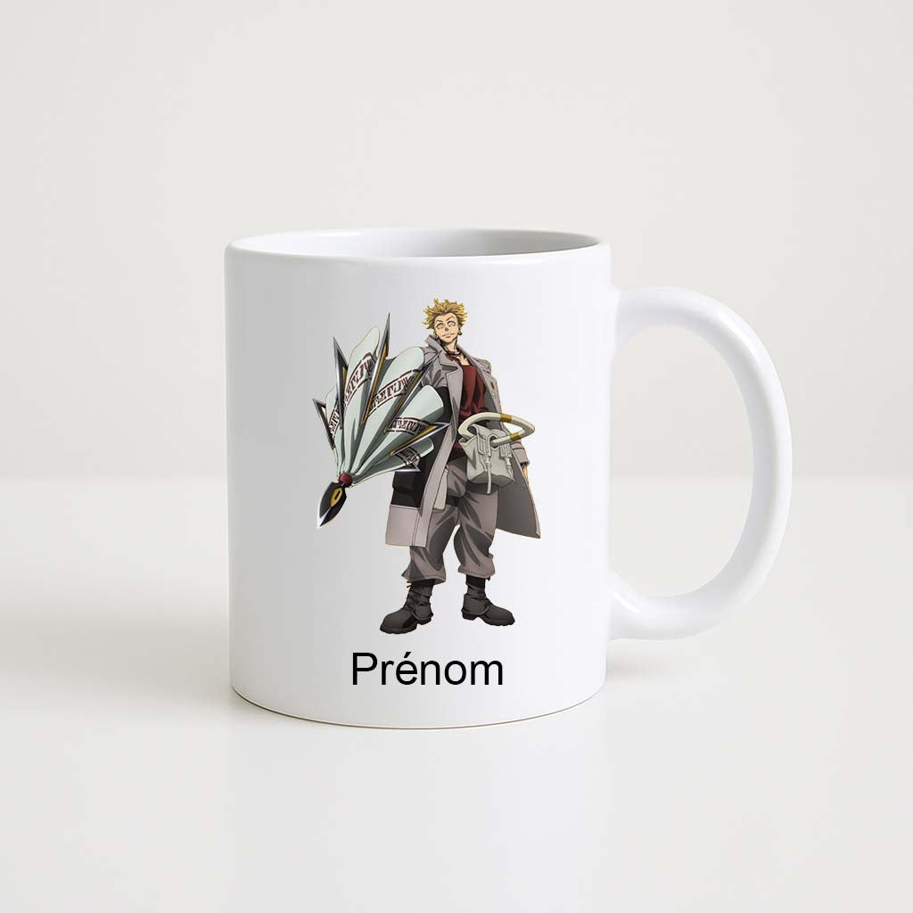 Mug blanc 330 ml Gachiakuta avec personnage manga armé et espace prénom personnalisable.