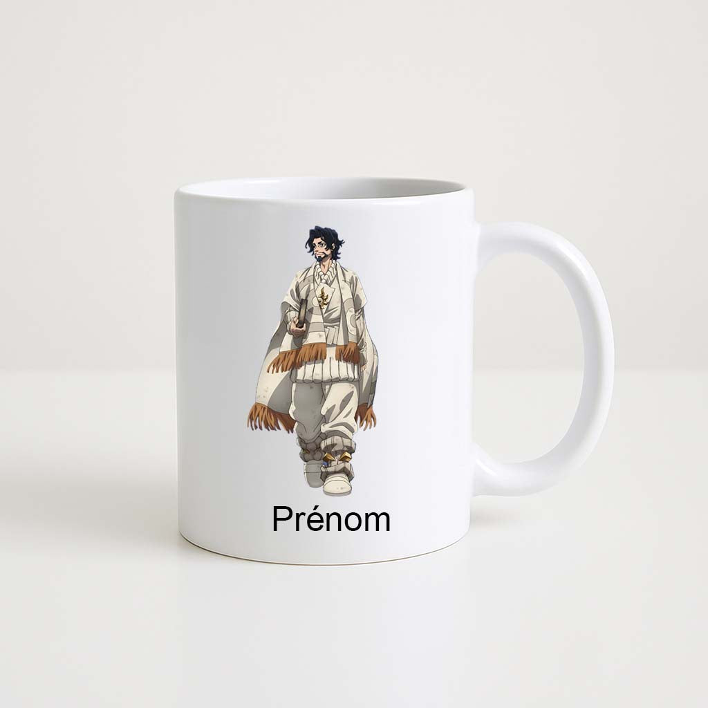 Mug blanc 330 ml Gachiakuta avec personnage manga en tenue blanche et espace prénom personnalisable.