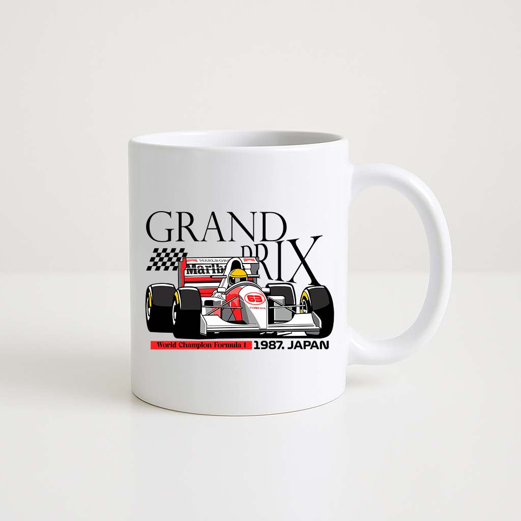 Mug en céramique blanche 330ml avec design rétro Grand Prix du Japon 1987, circuit de Suzuka.