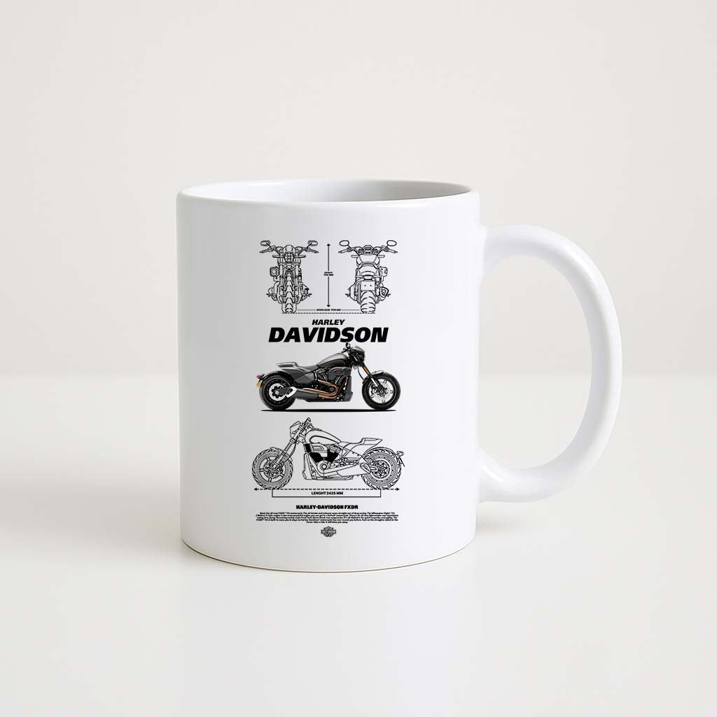 Mug en céramique blanche 330ml avec illustration Harley-Davidson FXDR, design moto puissant et stylé.