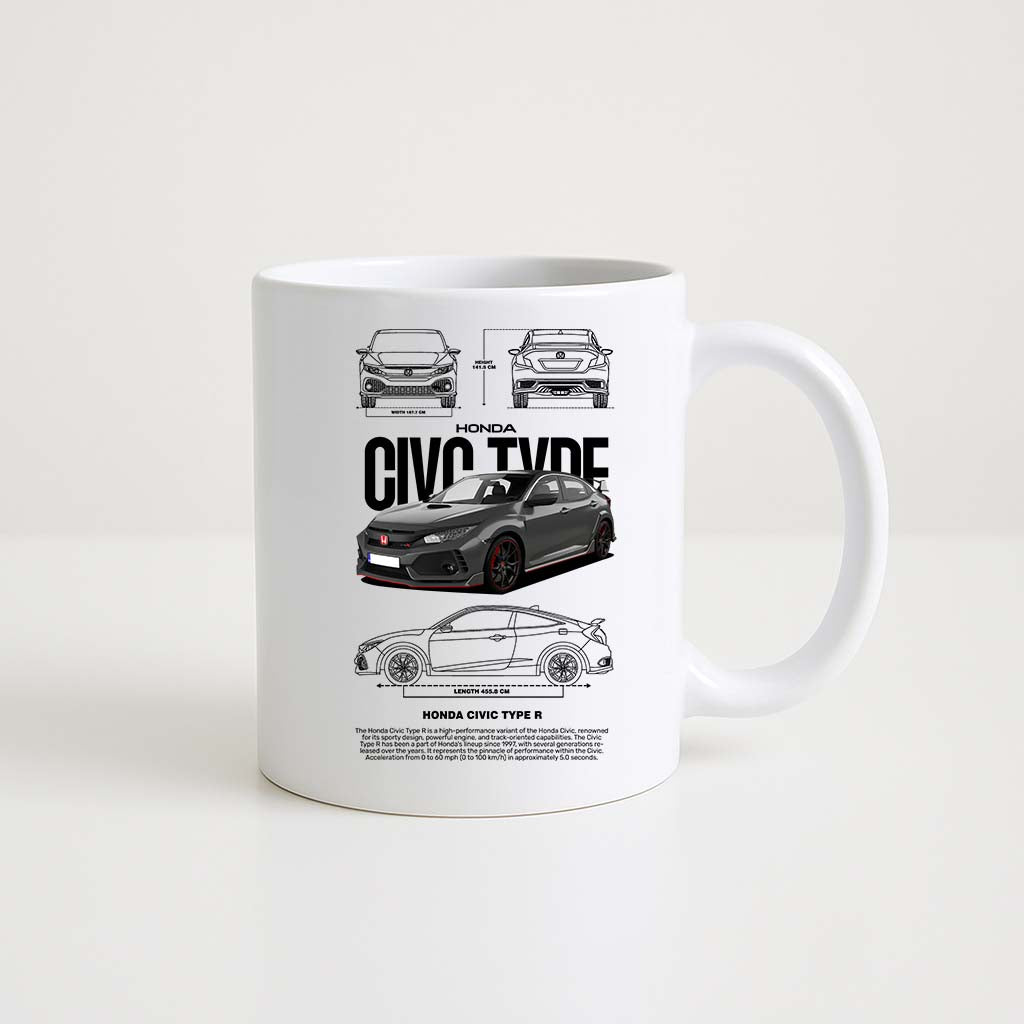 Mug en céramique blanche 330ml avec illustration Honda Civic Type R, design sportif et japonais.