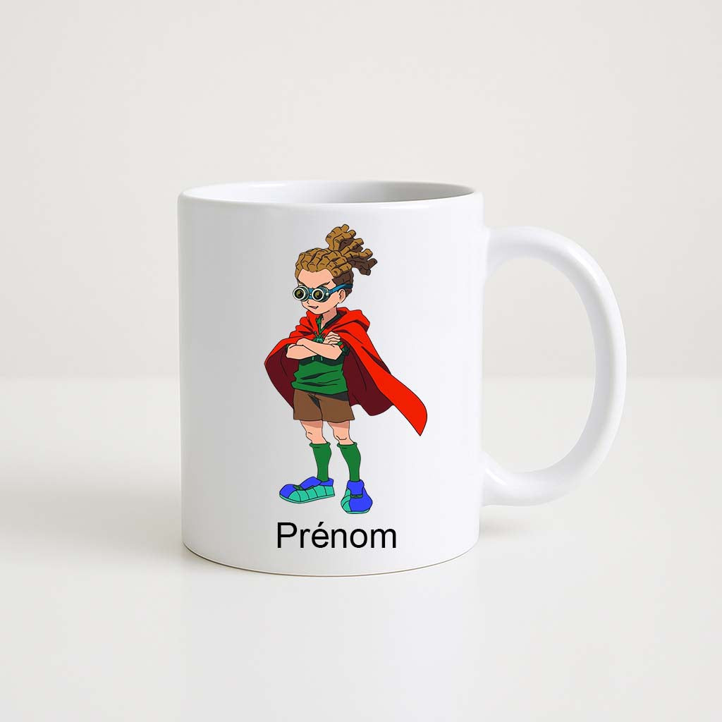 Mug blanc 330 ml Inazuma Eleven avec personnage au manteau rouge et espace prénom personnalisable.