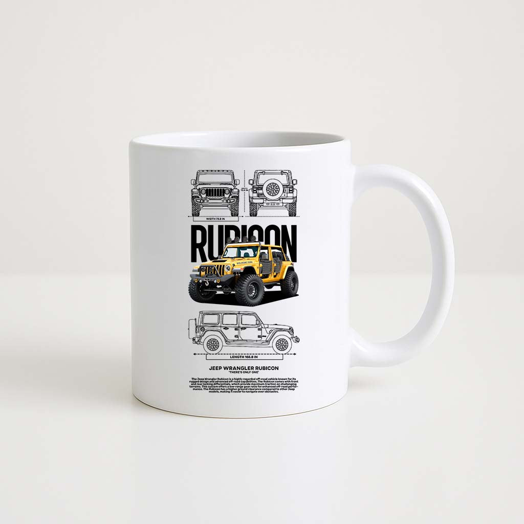 Mug en céramique blanche 330ml avec illustration Jeep Wrangler Rubicon, design tout-terrain et aventure