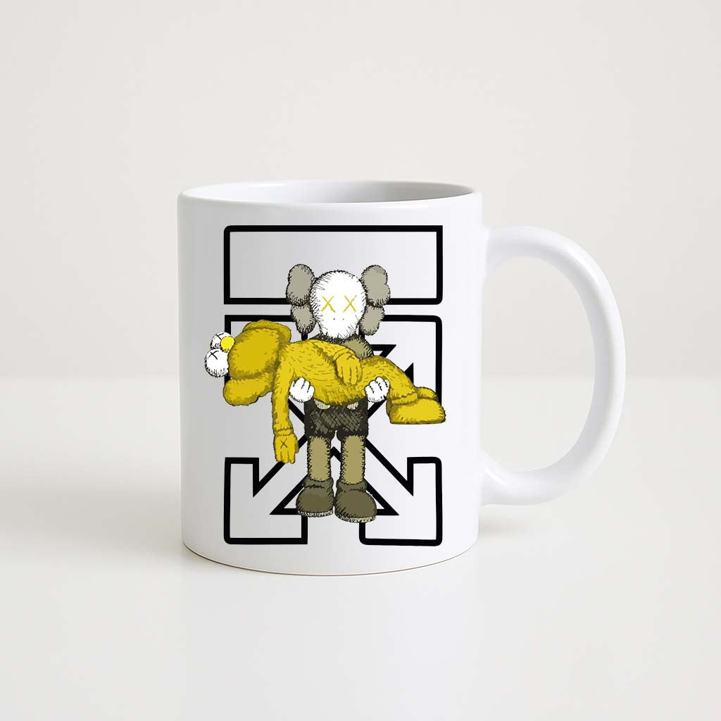 Mug blanc 330 ml avec illustration KAWS x Off-White et personnages stylisés.