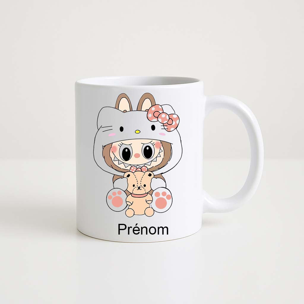 Mug blanc 330 ml Labubu style kawaii avec personnage mignon et espace prénom personnalisable.