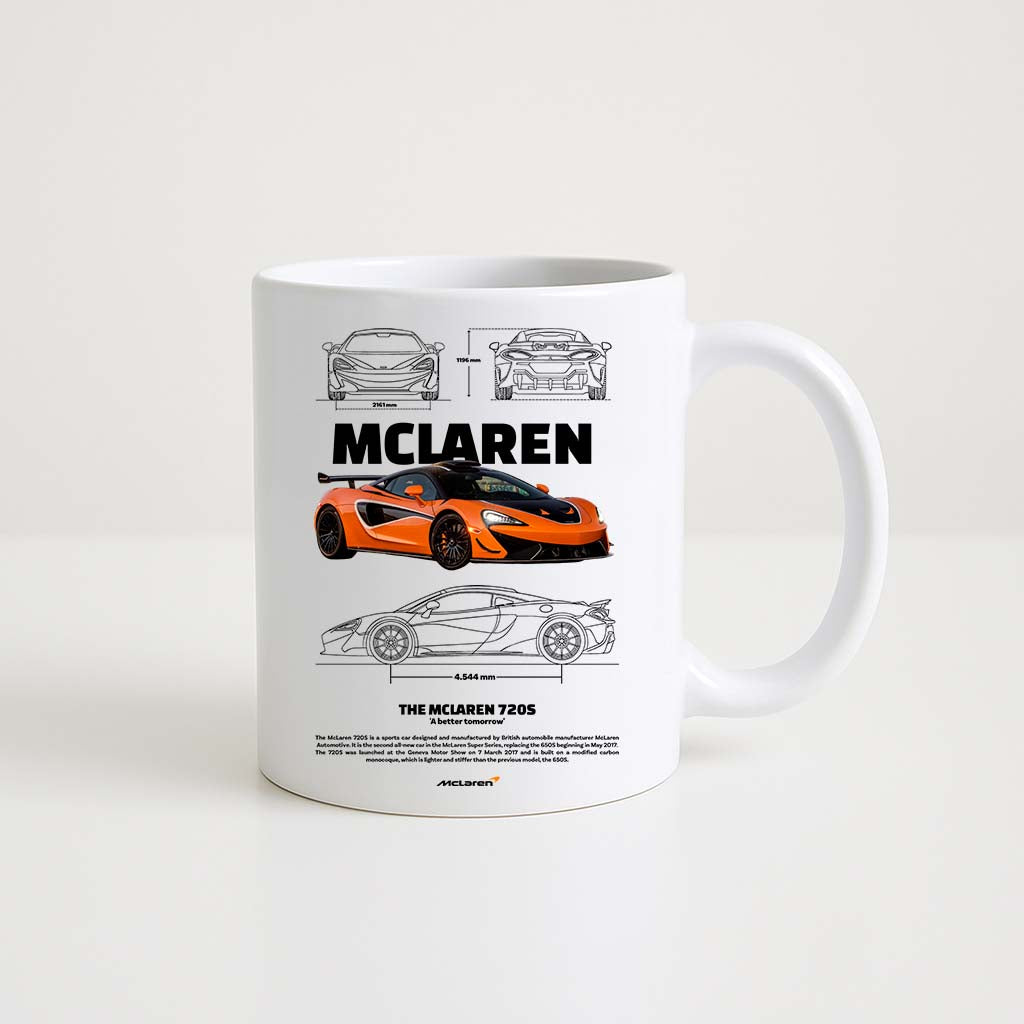 Mug en céramique blanche 330ml avec illustration McLaren 720S Orange, design sportif et luxe.