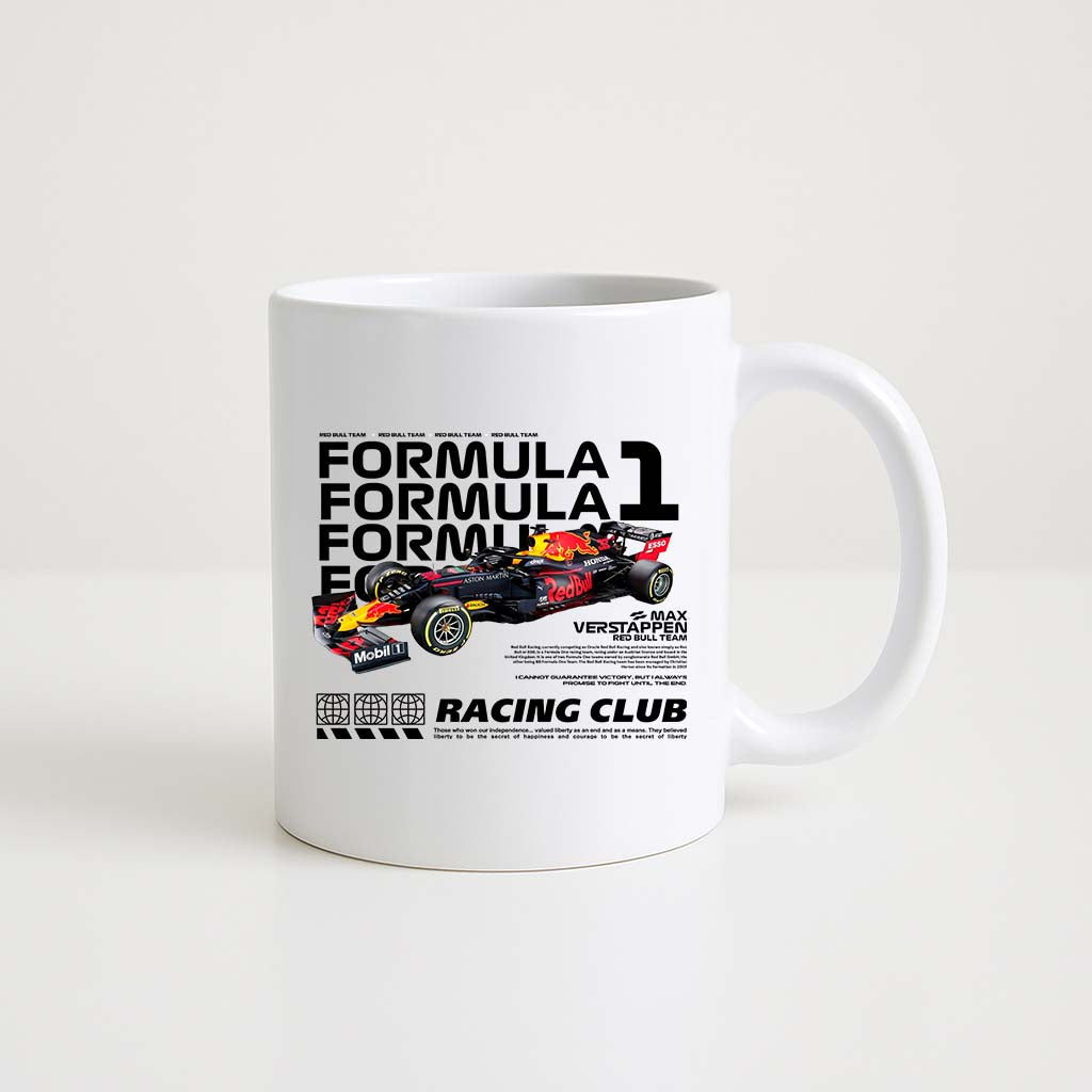 Mug en céramique blanche 350ml avec illustration Max Verstappen et sa monoplace F1, espace prénom personnalisable.