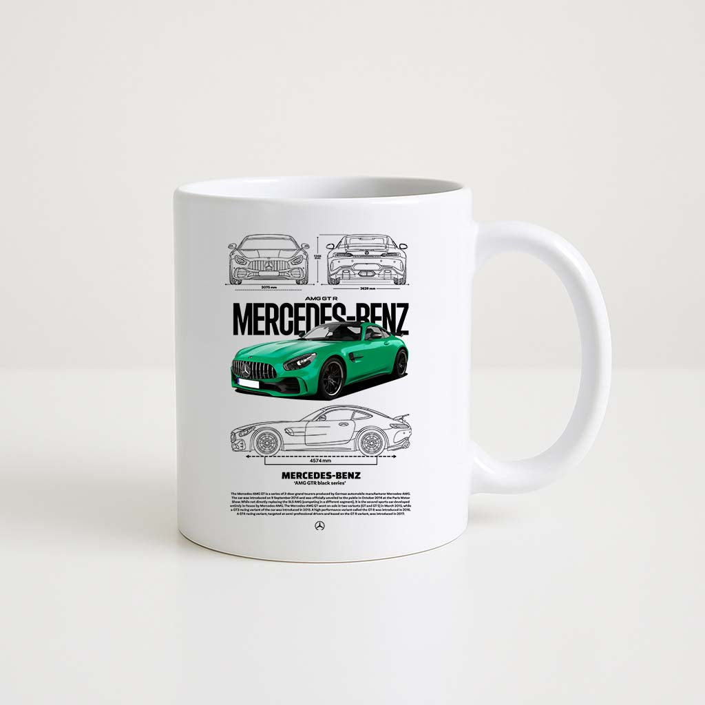 Mug en céramique blanche 330ml avec illustration Mercedes-AMG GTR Vert, design sportif et luxe.