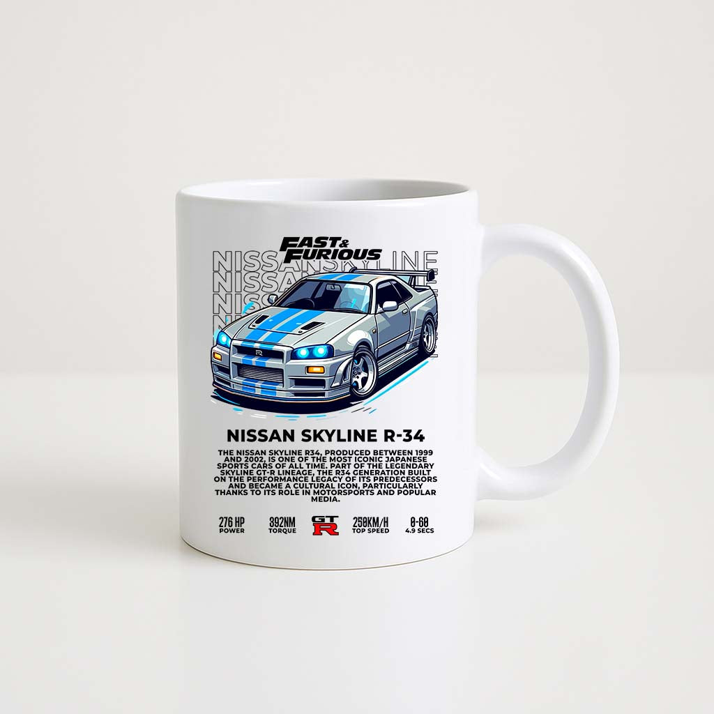 Mug en céramique blanche 330ml avec illustration Nissan Skyline R34 Fast & Furious, design racing et tuning japonais.