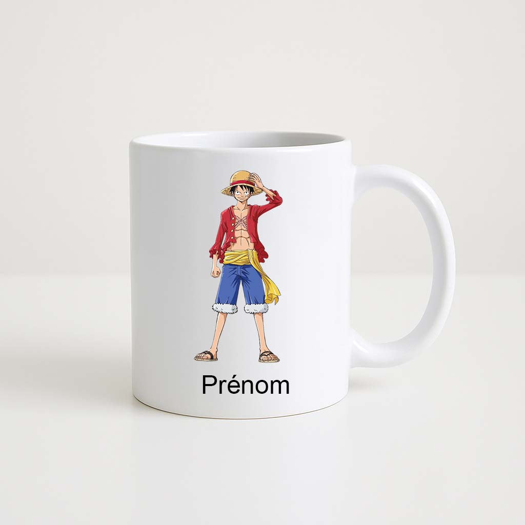 Mug blanc 330 ml avec illustration d’un personnage ressemblant à Luffy de One Piece et un espace personnalisable pour prénom